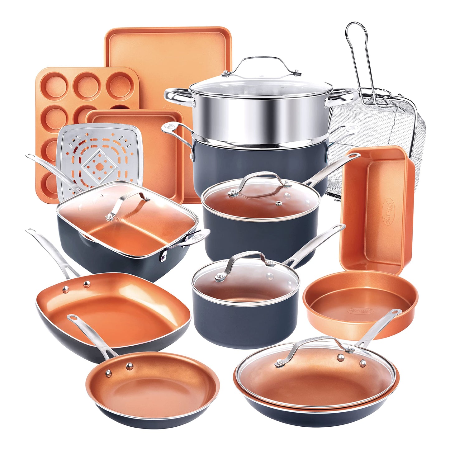 Gotham Steel 20 Pc Pots and Pans Set, Bakeware Set, Ceramic Cookware Set for Kitchen, Long Lasting Non Stick Pots and Pans Set with Lids Dishwasher / Oven Safe, Non Toxic-Copper