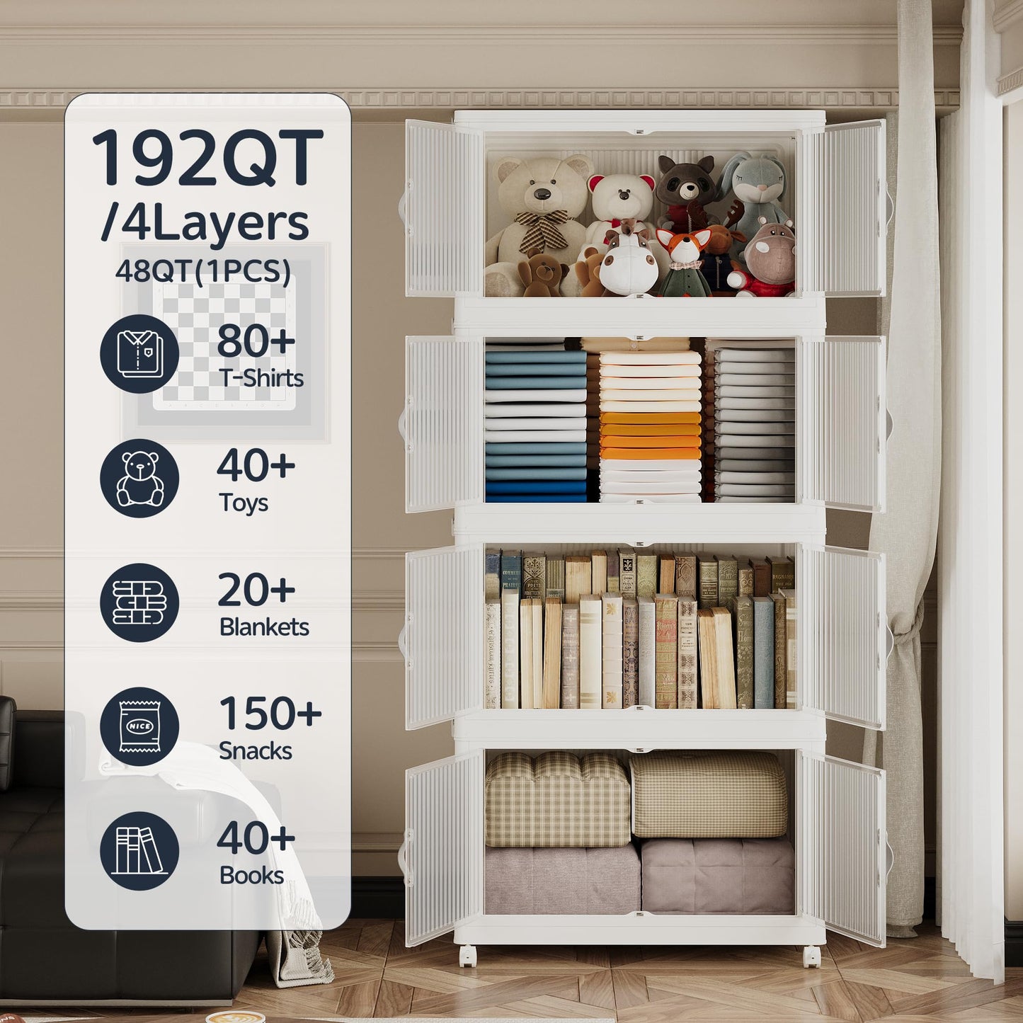 JONZEN 192Qt Plastic Storage Bins with Lid, 48GAL Closet Organizer and Stackable Storage Drawer, Collapsible Clear Box with Wheels, Clothes Cabinet Containers for Home Garage, 4Pack White
