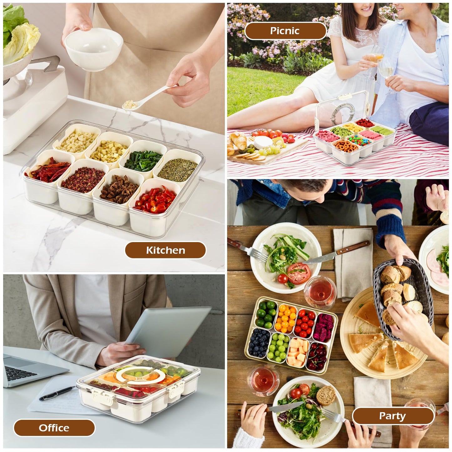 joyddo Divided Serving Tray with Lid and Handle,Snackle Box Container mit 8 Compartments Clear Serving Platters and Trays,Snack Platters for Veggie Fruits Tray, for Picnic Party Travel(with 4 Forks)