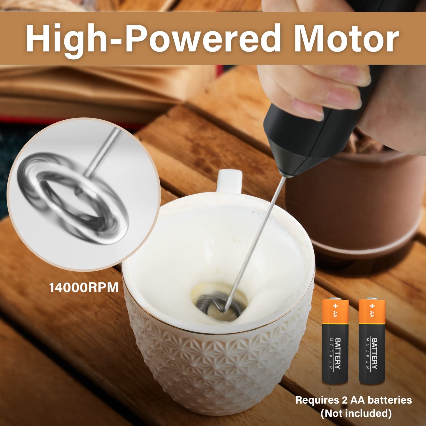 YSSOA Electric Milk Frother Handheld with Stainless Steel Stand Battery Operated Whisk Drink Mixer for Coffee, Frappe, Latte, Matcha, Hot Chocolate, Black (2 Pack, Black)