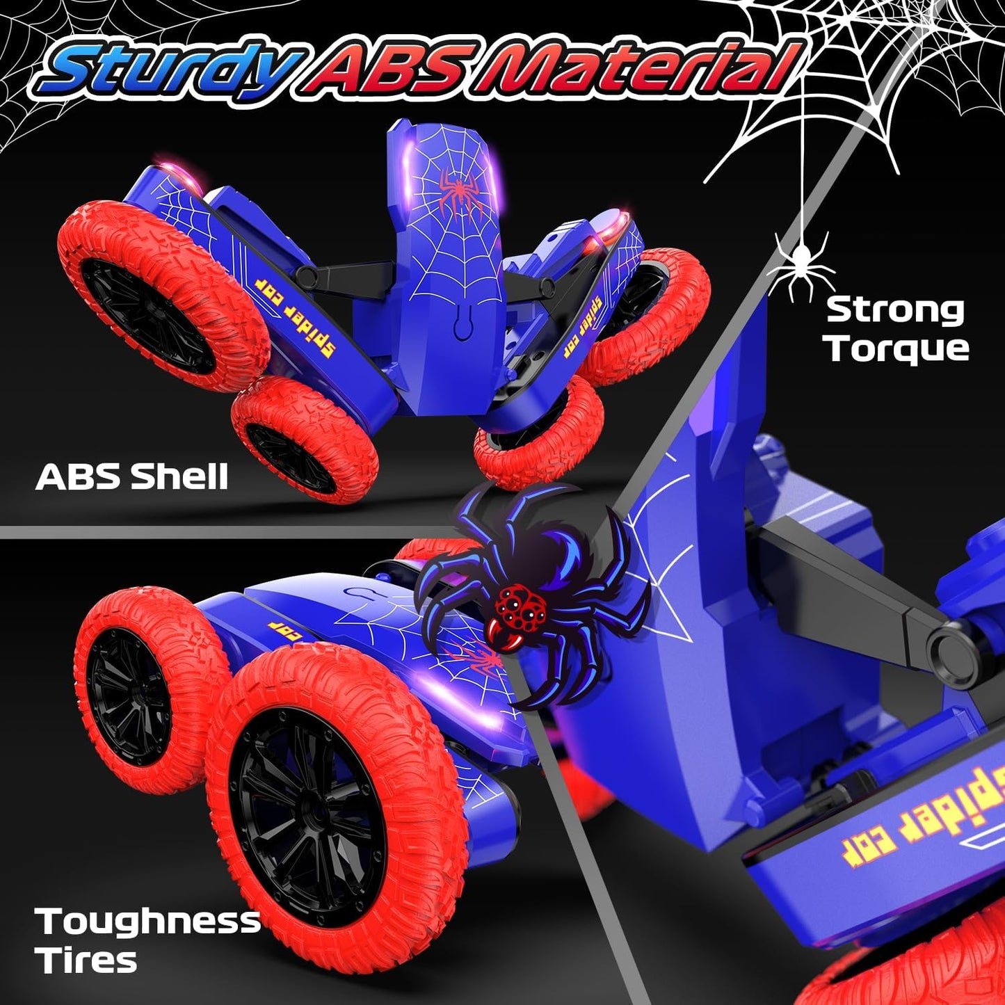 DEERC Spider Remote Control Car - Double Sided Mini RC Stunt Car, 360°Rotating 4WD Off-Road RC Cars with Headlights 2.4Ghz Indoor/Outdoor Rechargeable Toy Car for Boys Age 4-7 8-12 Birthday Xmas Gift