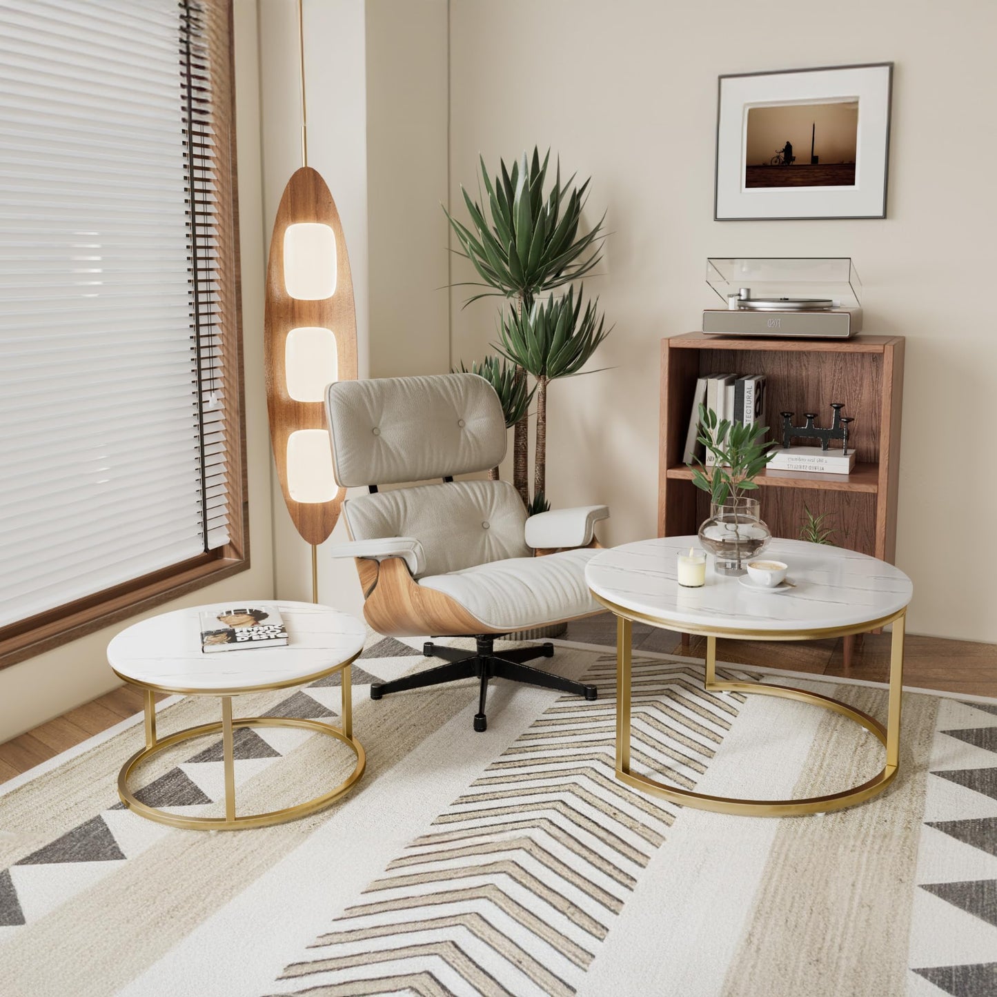 Otterease Nesting Tables Set of 2, 31.5" Round Coffee Table, Small Nesting Coffee Table with Adjustable Non-Slip Fee, White Marble Top Stack Nesting Tables Set of 2 for Living Room, Bedroom (White)