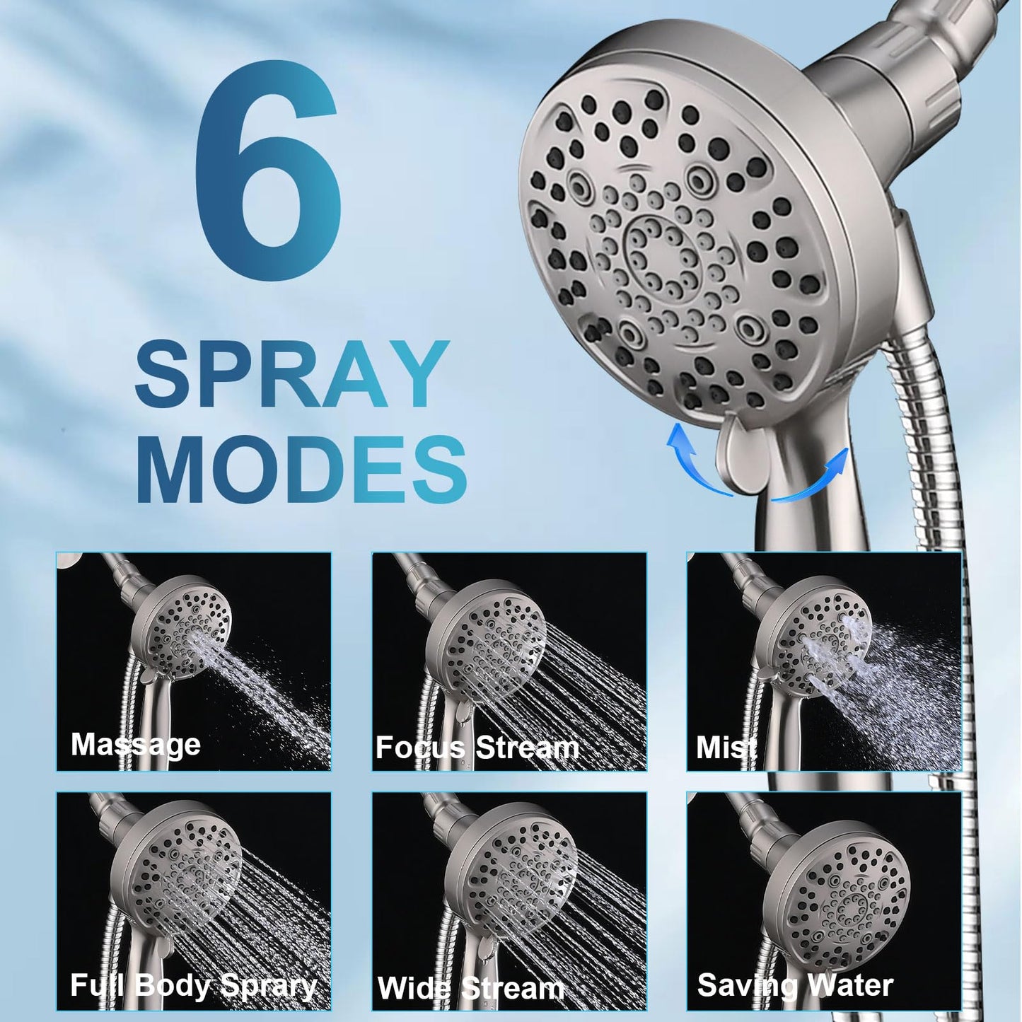 High Pressure Handheld Shower Head with 6 Settings