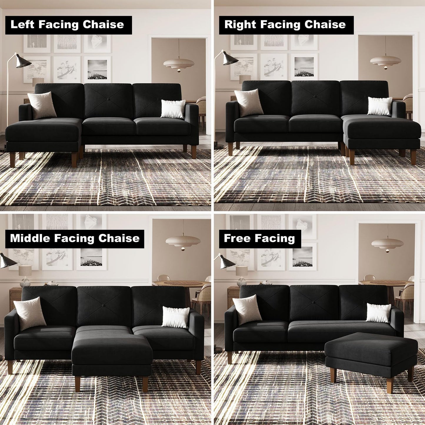 Belffin Velvet Convertible Sectional Sofa with Chaise Small L Shaped Couch with Reversible Chaise 3-Seater Sofa Sectional Set for Small Space Black
