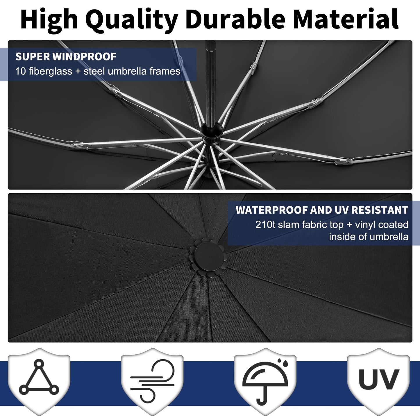 DEDC Windproof Travel Umbrella Compact Folding Rain Portable With Built-in LED light Umbrellas Automatic LightWeight for Men Women Teenage Small (Black)