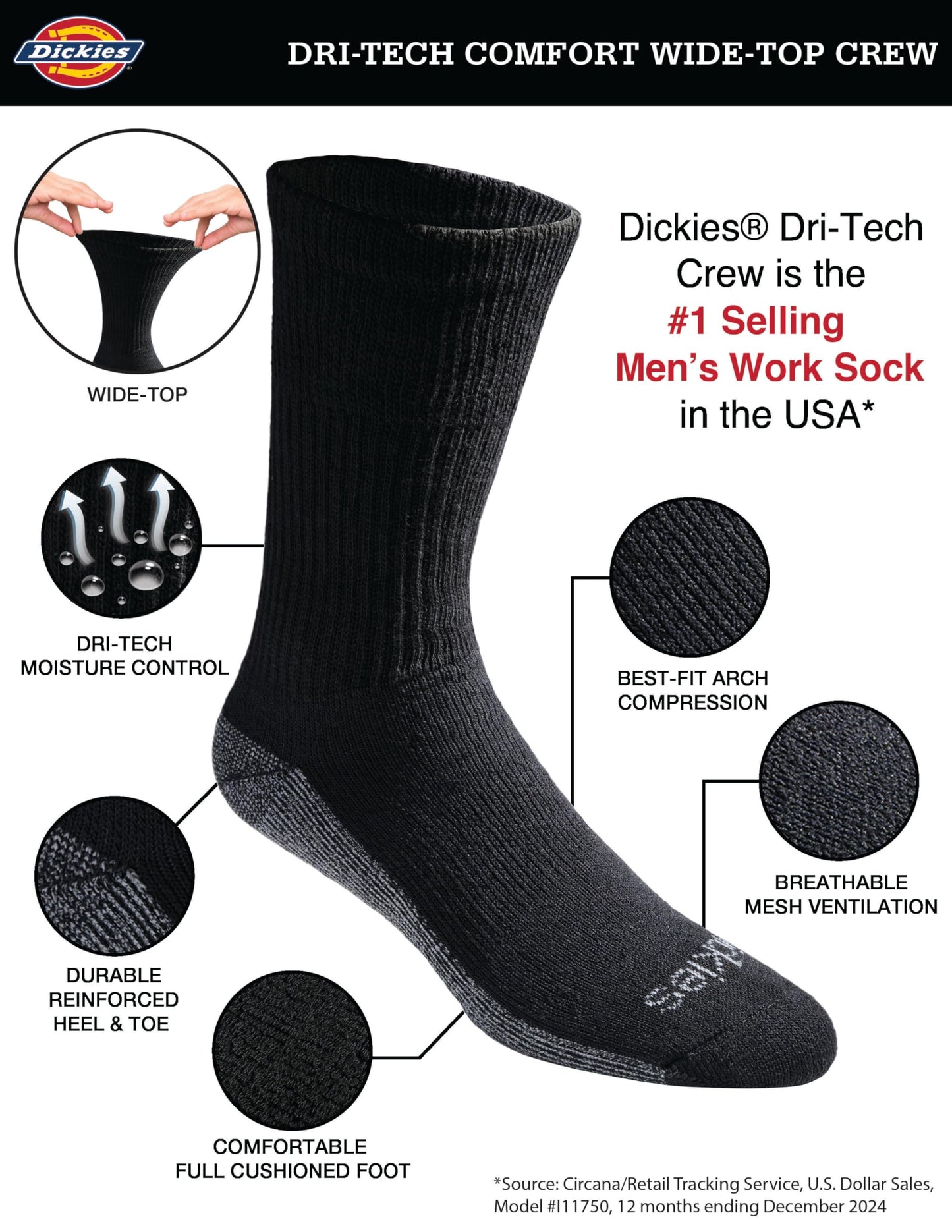 6 Pairs Dickies Moisture Control Crew Socks