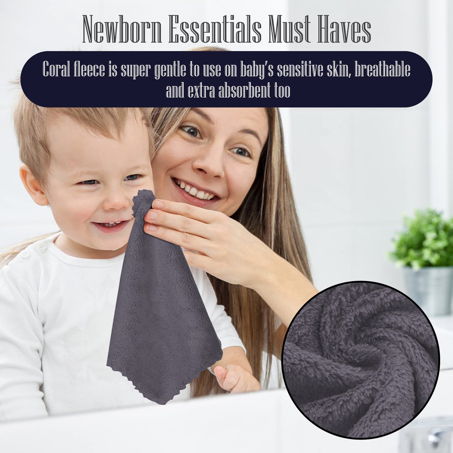 32 Pack Baby Washcloths - Luxury Coral Fleece - Extra Absorbent and Soft Wash Clothes for Newborns, Infants and Toddlers - Suitable for Sensitive Skin and New Born - Baby Shower - Grey, 10x10 Inch