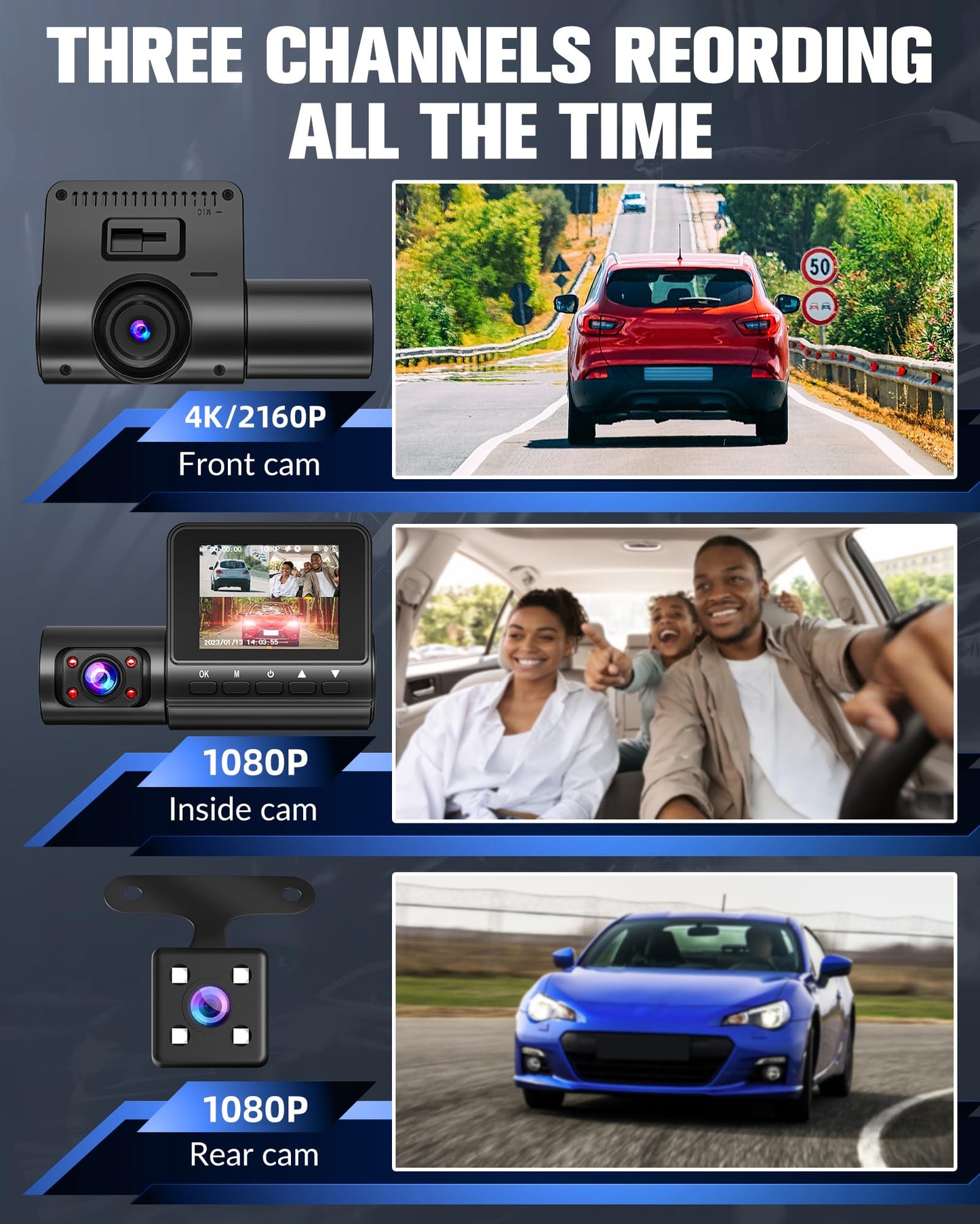 Dash Camera for Cars,4K Full HD Dash Cam Front and Rear Inside, Dashcam with Night Vision with Free 32GB Card,Built-in Loop Recording,Accident Lock,G-Sensor,WDR,24H Parking Monitor - (S6)