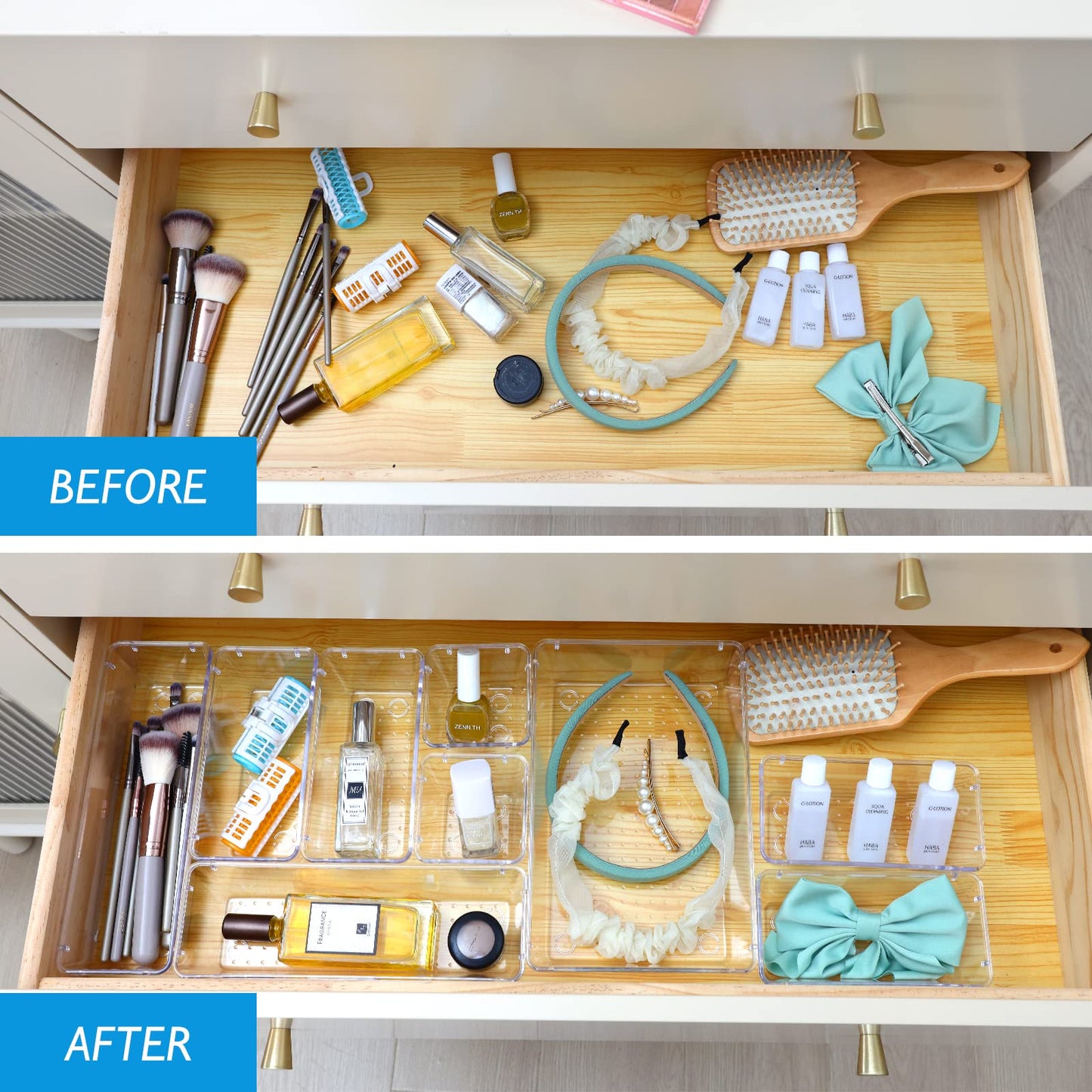 Fixwal 25pcs Clear Drawer Organizers, 4-Size Clear Plastic Drawer Organizers Trays for Makeup, Jewelries, Gadgets, Bathroom, Office, Bedroom