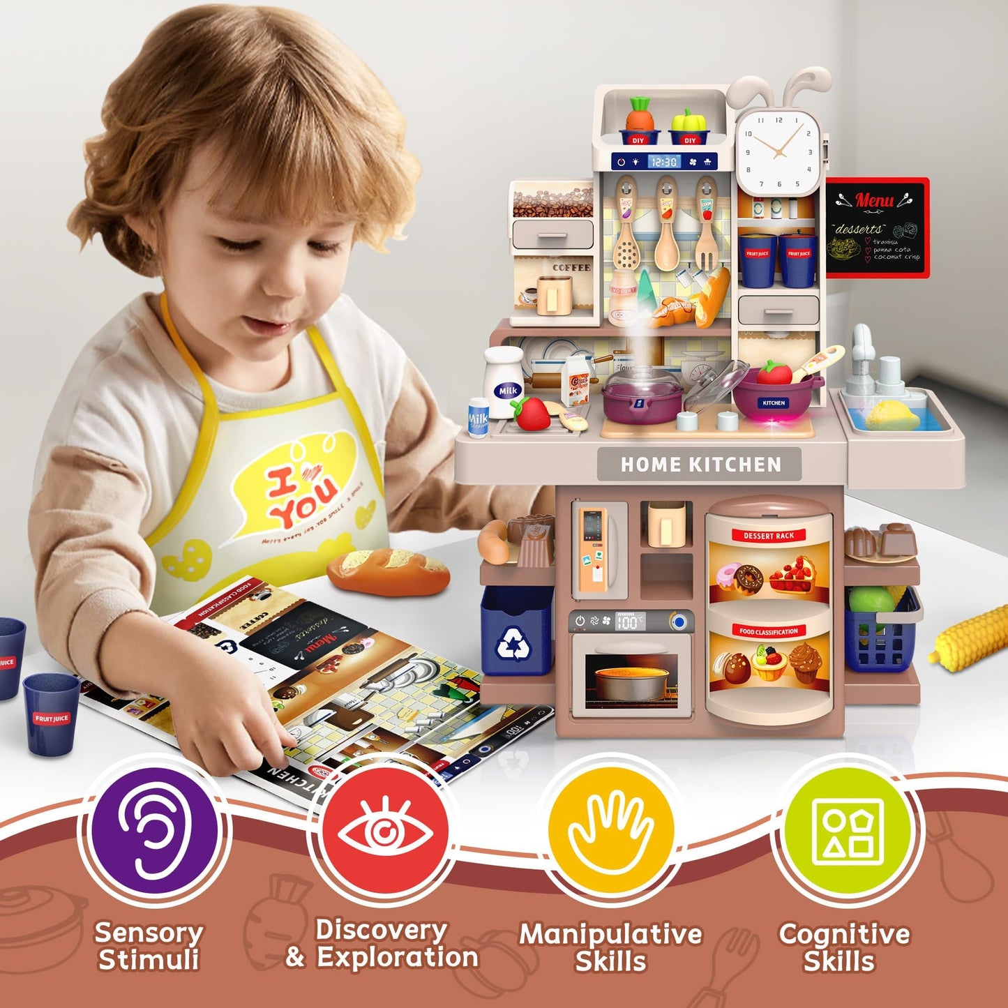 Kids Kitchen Playset with Realistic Steam & Lights