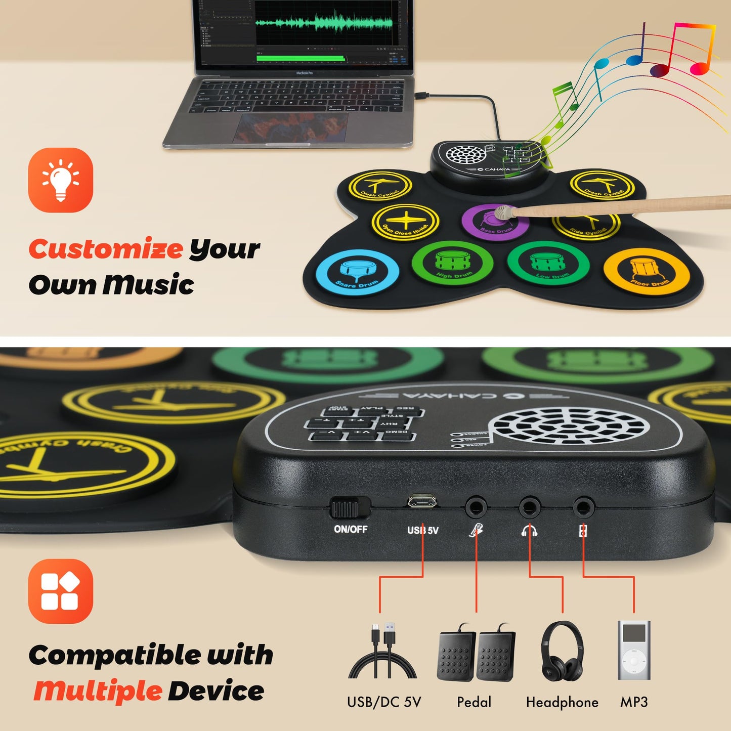 CAHAYA Electronic Drum Pad Set: Roll-up 9-Pads Portable Electric Practice Drum Pads With Built-in Speaker Drum Sticks Foot Pedals Gifts for Kids CY00370-1