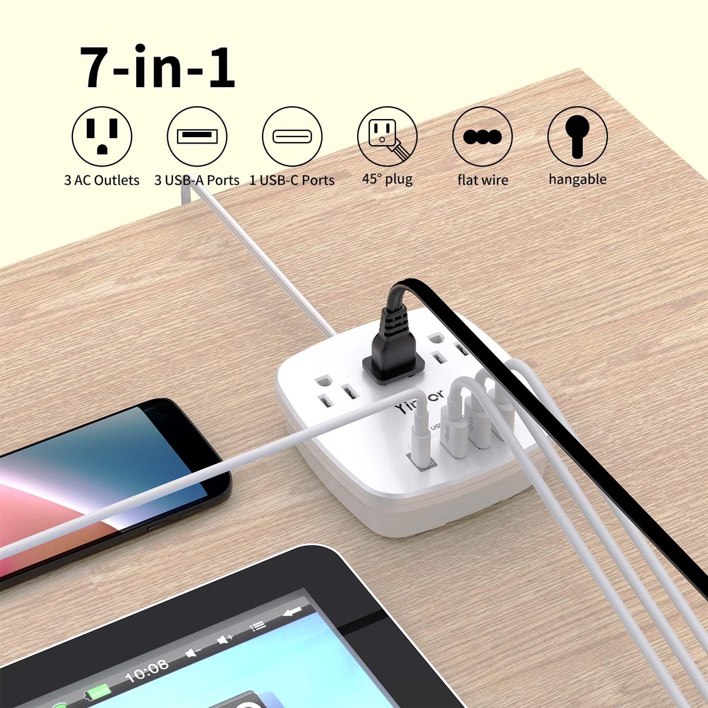 6 Ft Flat Extension Cord with 3 Outlets & USB