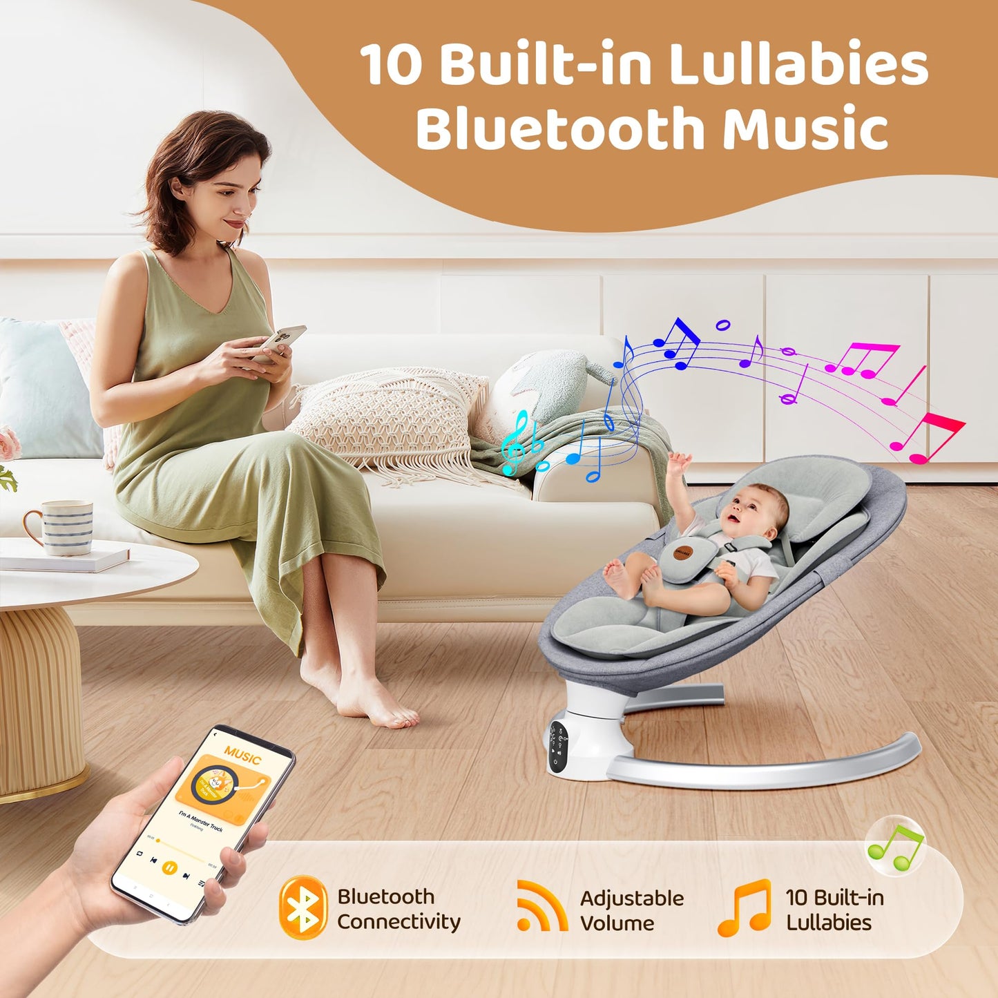 Electric Baby Swing with Bluetooth & Lullabies