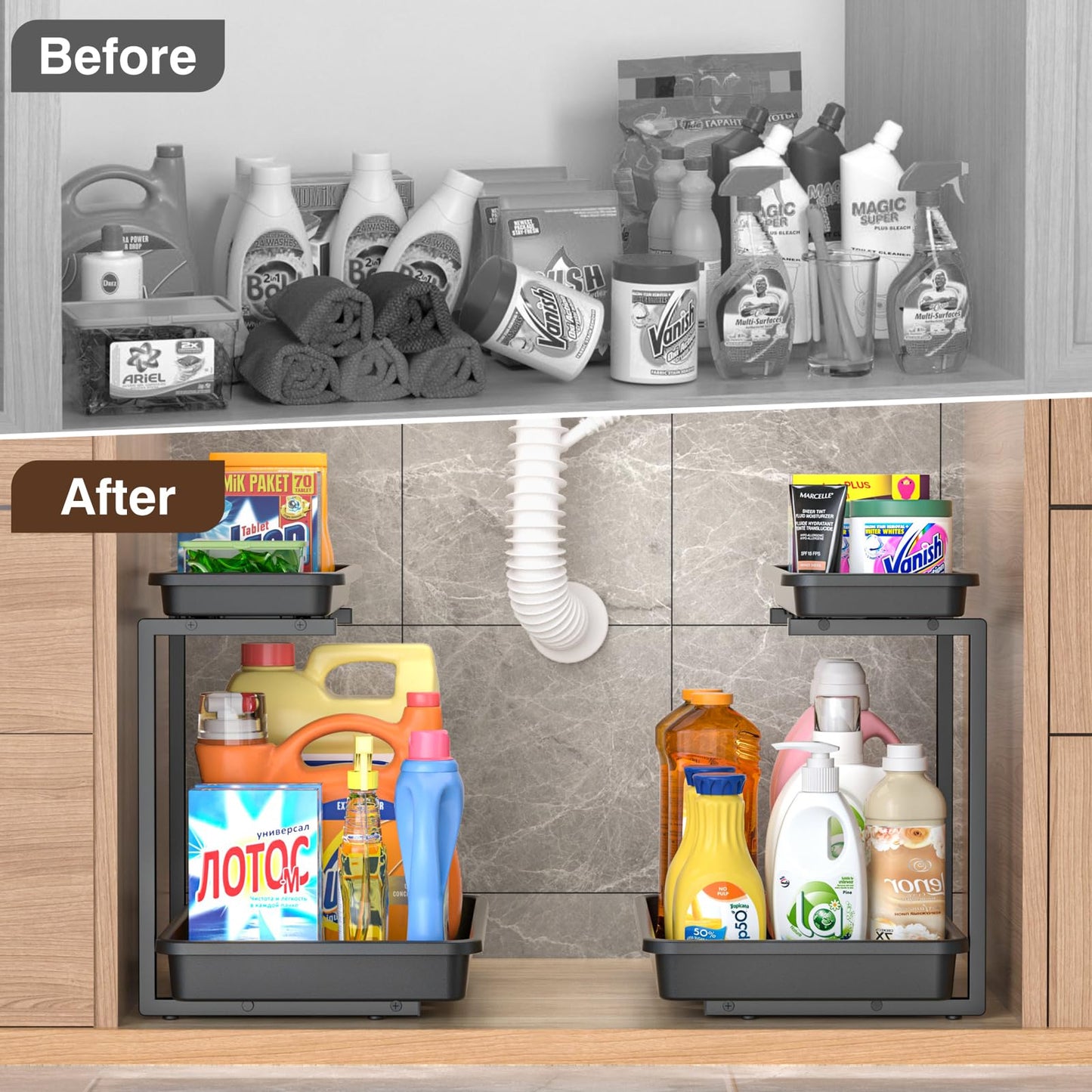 2-Tier Under Sink Organizer with Sliding Drawer