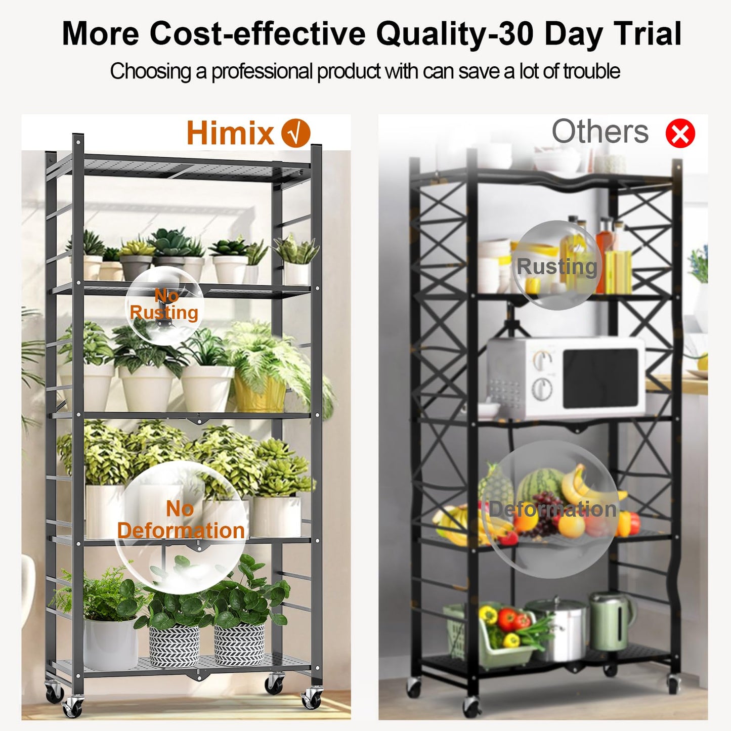 Himix Storage Shelves with 20 Hooks, 5-Tier Foldable Shelves for Storage, Folding Shelf Unit Pantry Shelves Bookshelf with Wheels, Vendor Display Racks for Craft Shows, Home, Office - No Assembly