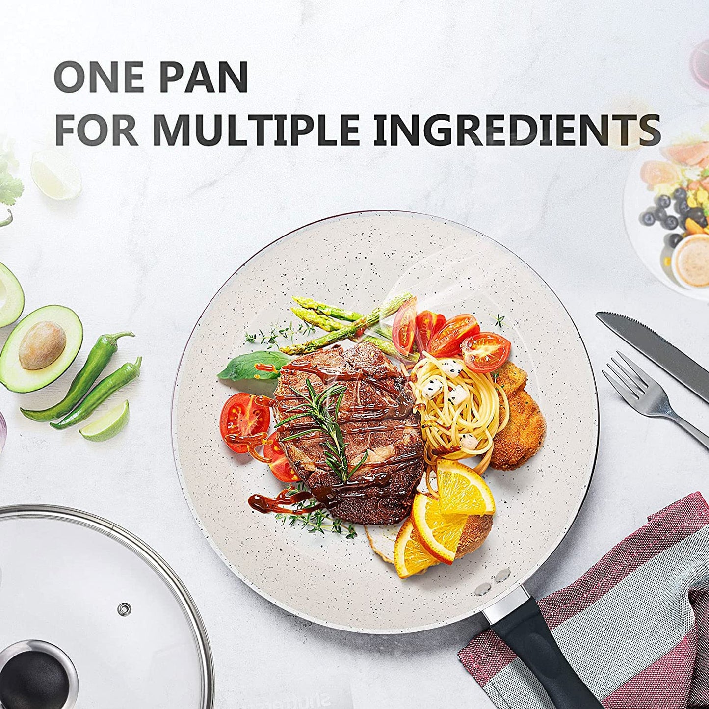KOCH SYSTEME CS CSK 11 Inch Nonstick Wok Pan with Lid, Ceramic Wok pan with Heat Insulation Handle, 100% APEO & PFOA-Free Non-Stick Coating, Skilllets Cookware, White & Black, Ideal for Friens