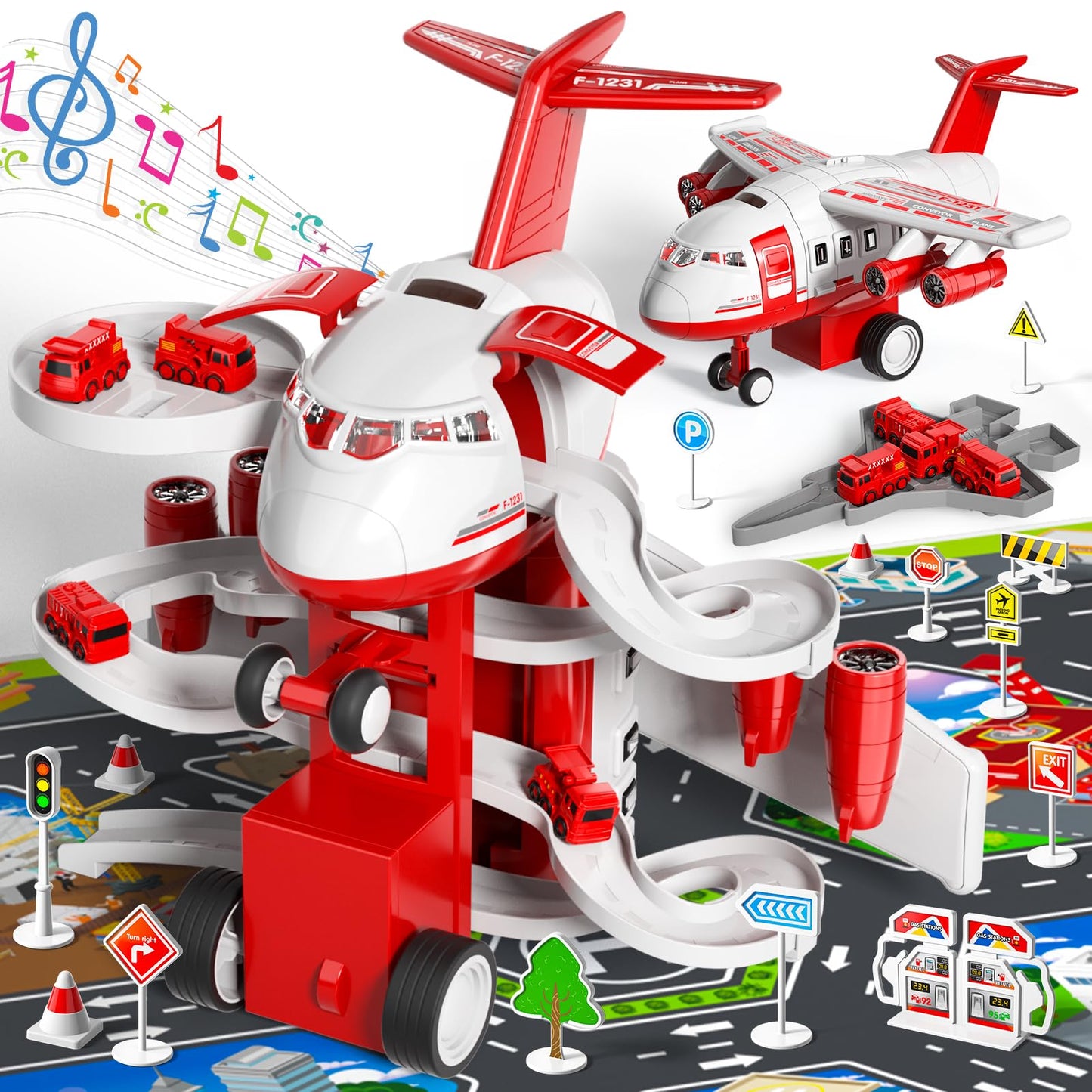 iHaHa Firetruck Garage Parking Lot Playset Toy Airplane with 14 Road Signs 4 Inertial Cars 1 Map