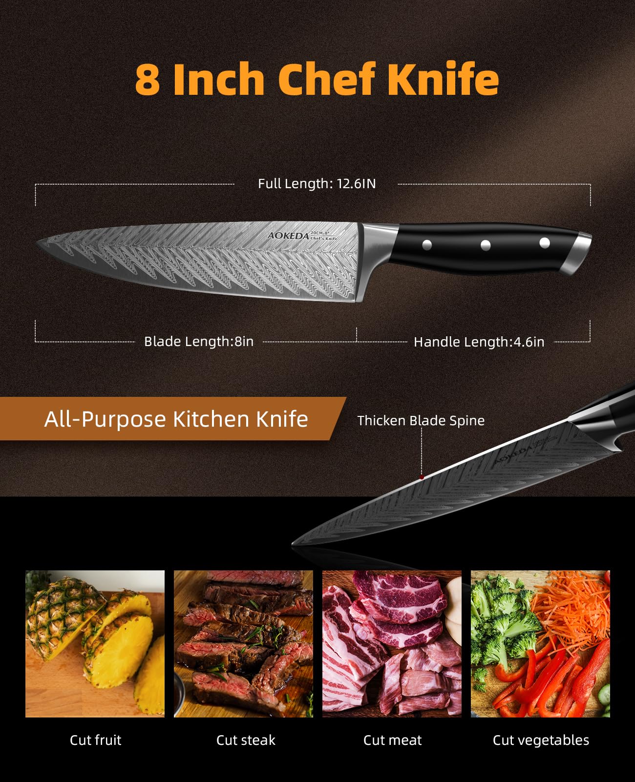 AOKEDA Chef Knife, 8 Inch Professional Kitchen Knife Made of German High Carbon Stainless Steel with Ergonomic Handle