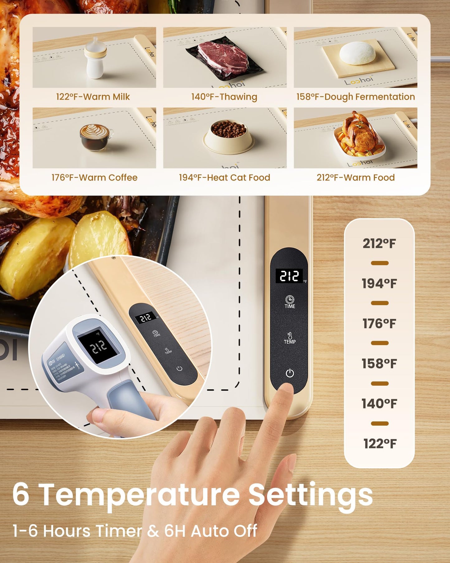 Food Warming Mat with 6 Temperature Settings