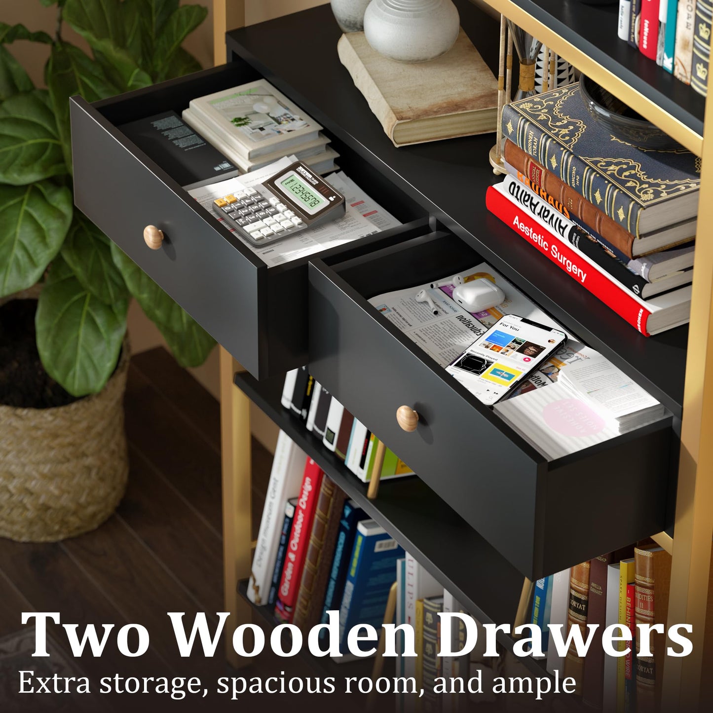 YAOHUOO Bookshelf with Drawers-31.5'' Widen Industrial Book Shelf with Bookend,5-Tiers Tall Storage Shelves, Steel Frame Display Rack, Suitable for Bedroom, Office, Living Room-27'' Depth Black