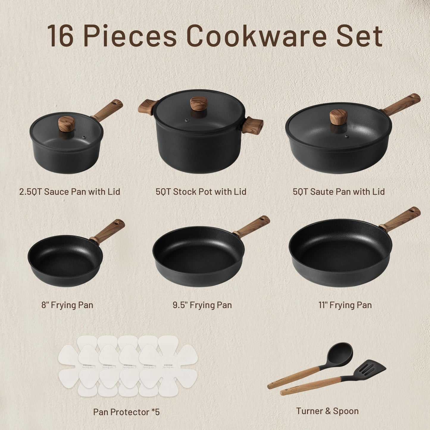 CAROTE 16-Piece Nonstick Cookware Set for Kitchen