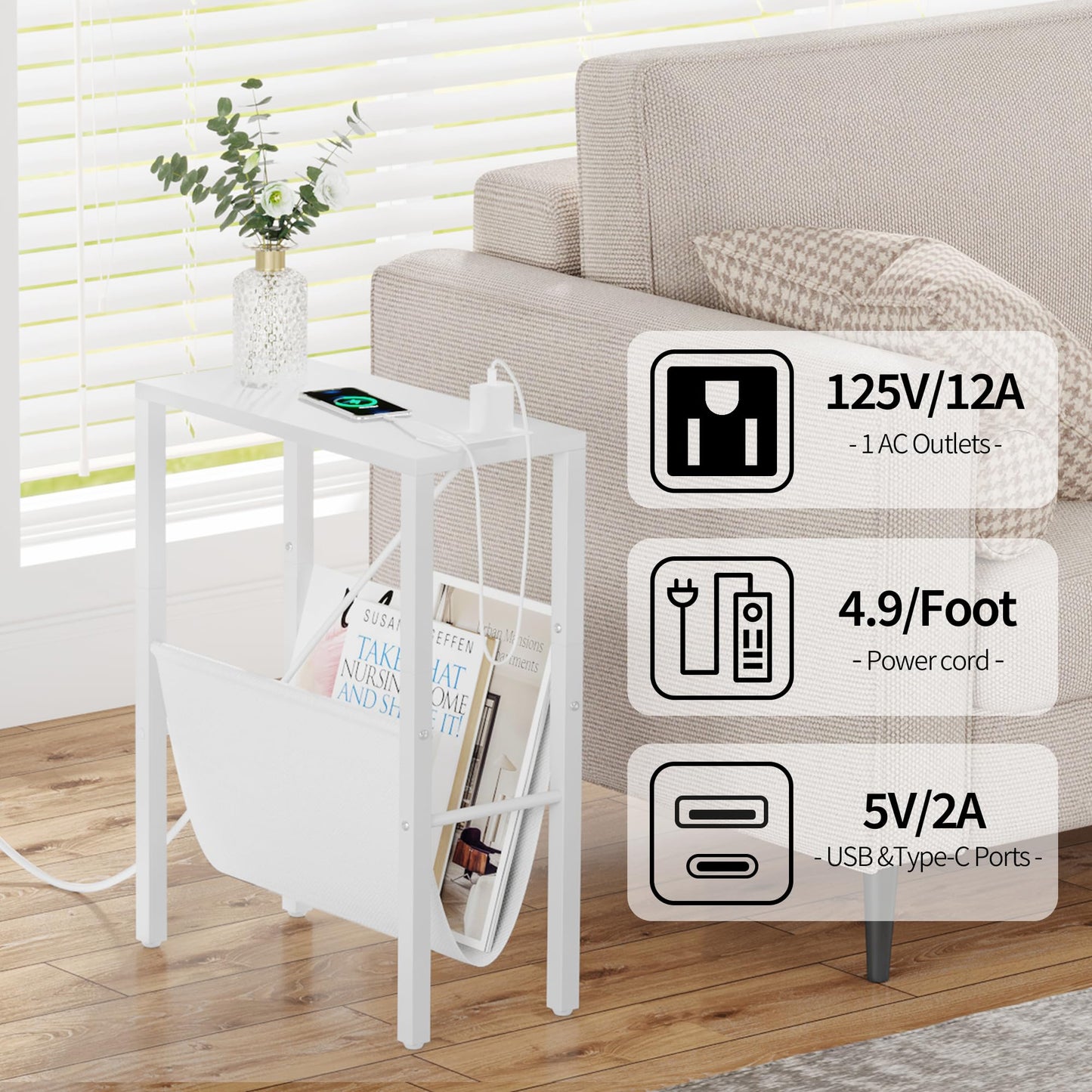 Narrow Side Table with USB Ports & Storage