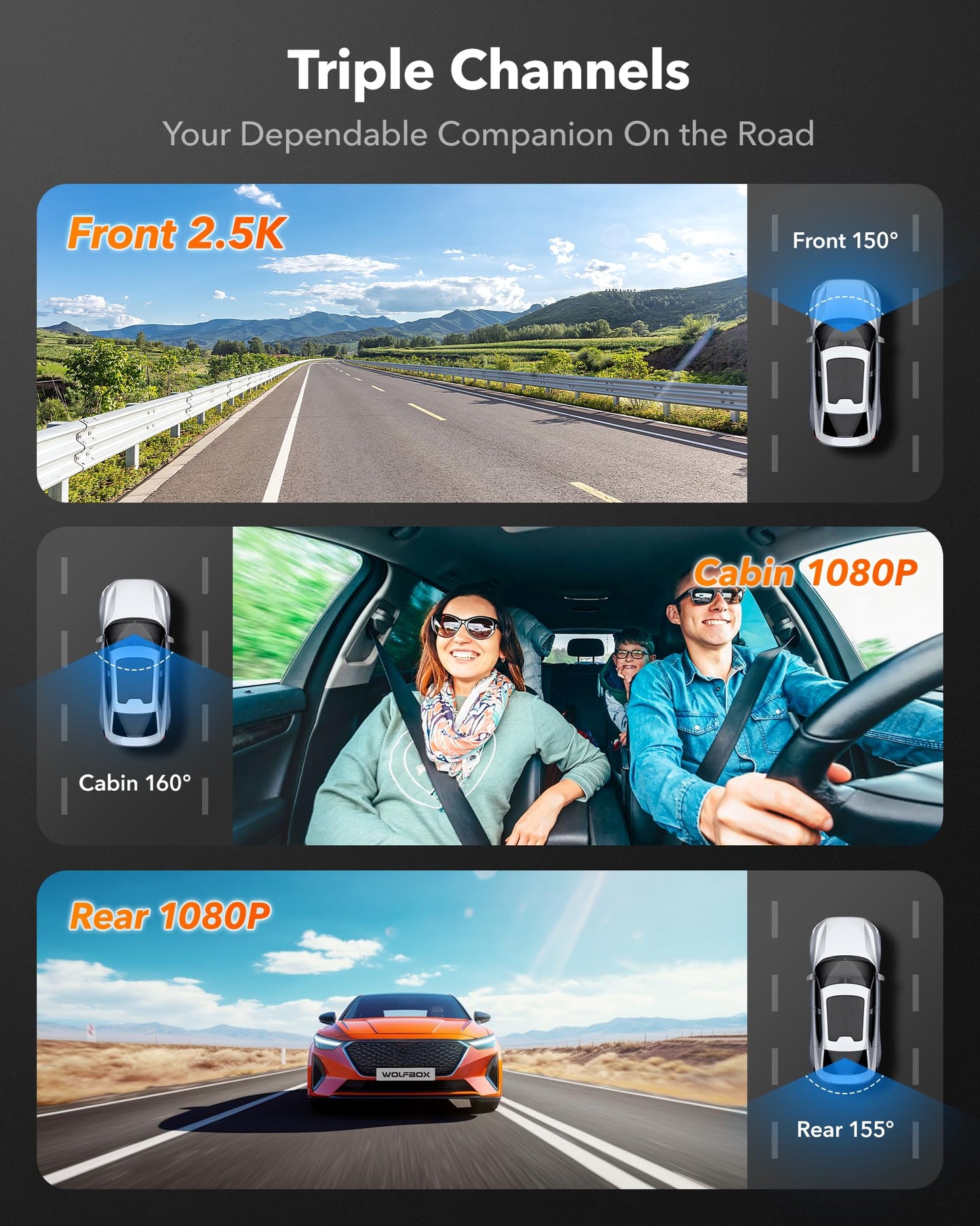 WOLFBOX i07 3 Channel Dash Cam Built in WiFi GPS, 4K+1080P Dash Camera Front and Inside, 1440P+1080P+1080P Triple Car Camera with 3" LCD Screen, Free 32GB Card, IR Night Vision, 24 Hours Parking Mode