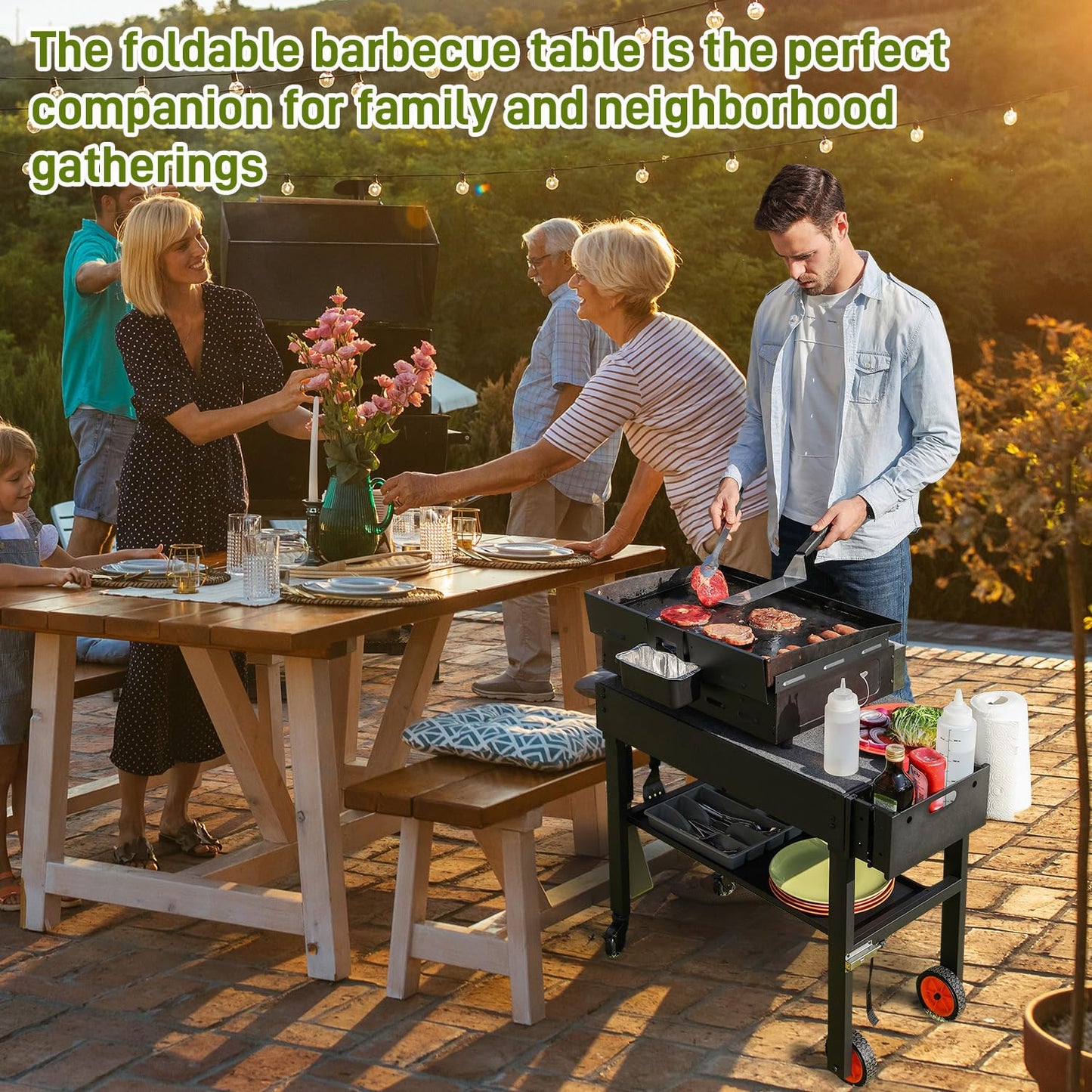 Portable Outdoor Grill Table with Wheels and Folding