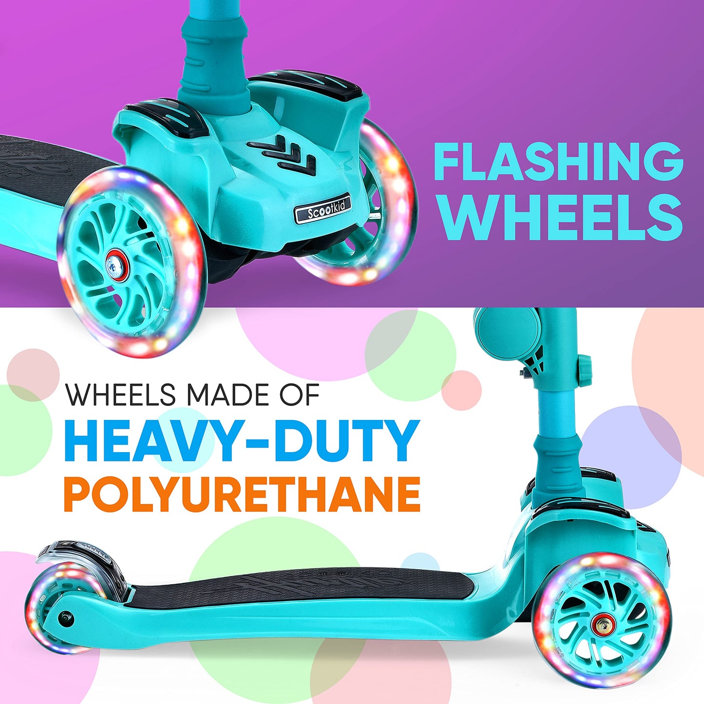 Hurtle Kids Scooter - Child Toddler Kick Scooter Toy with Foldable Seat - 3 Wheel Scooter with Adjustable Height, Anti-Slip Deck, Flashing Wheel Lights, for Boys/Girls 1-12 Year Old, Teal