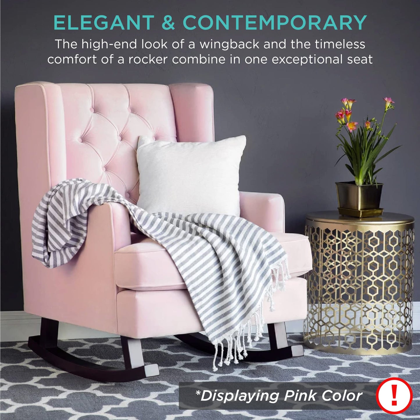Best Choice Products Rocking Accent Chair, Tufted Upholstered Luxury Velvet Wingback for Nursery, Living Room, Bedroom w/Wood Frame - Gray