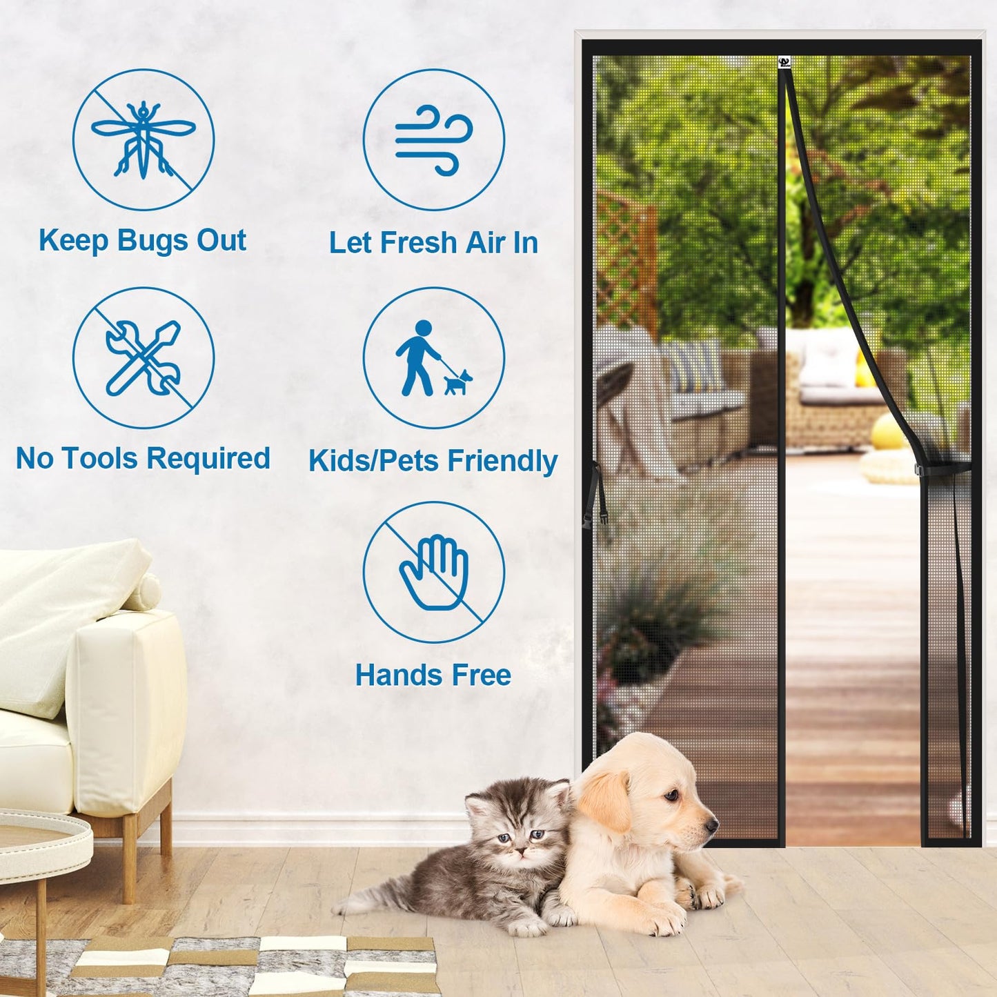 Aystkniet Upgraded Magnetic Screen Door for 30 x 80 Inch Door with 20cm Long Magnet, Reinforced Fiberglass Door Mesh for Front/French and Patio Doors, with Keep Open Strap, Self-Sealing, Hands-Free