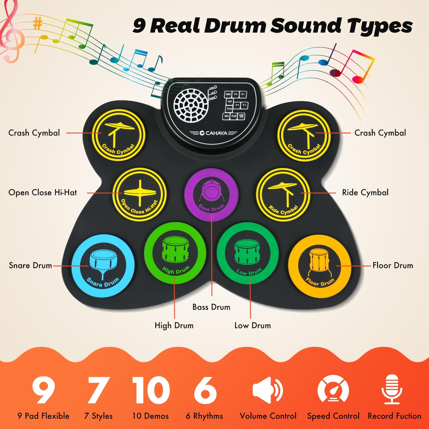CAHAYA Electronic Drum Pad Set: Roll-up 9-Pads Portable Electric Practice Drum Pads With Built-in Speaker Drum Sticks Foot Pedals Gifts for Kids CY00370-1