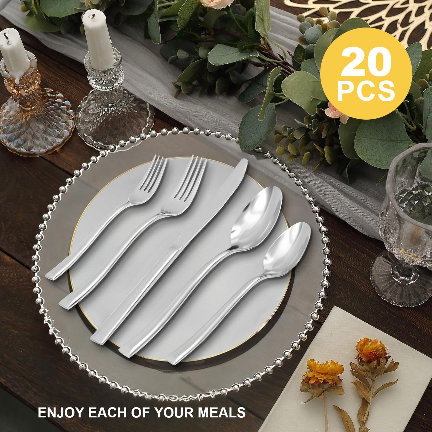 Kikbioee 20-Piece Silverware Set, Forged Stainless Steel Cutlery Set, Bevel Handle Flatware Set, Modern Mirror| Dishwasher Safe| Service for 4