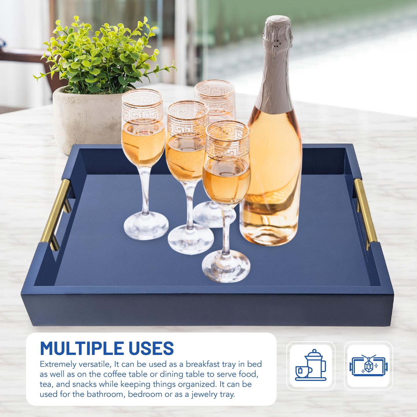 Decorative Rectangle Navy Blue Serving Tray with Handles includes 4 Matching Coasters, Ottoman Tray - Tea and Coffee Table, Modern Wooden Tray for Living Room