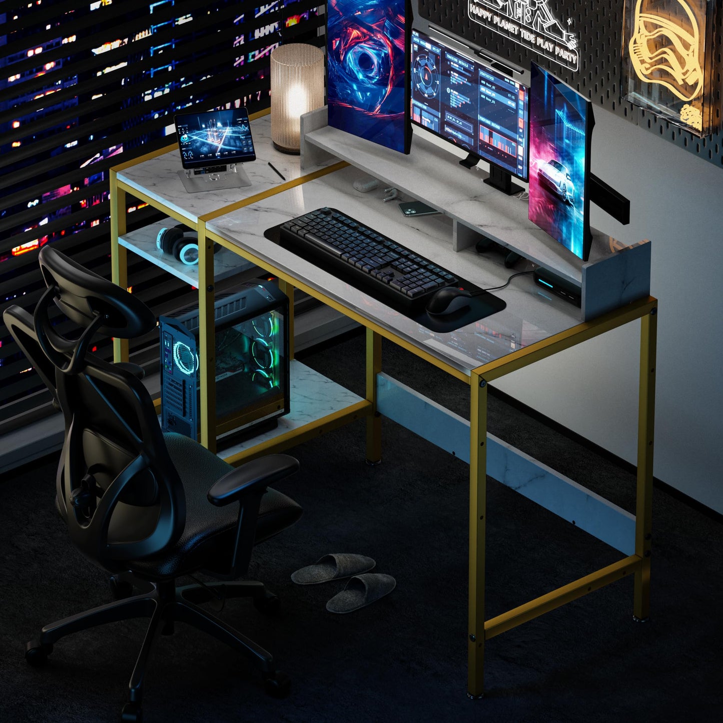 Gaming Desk with Monitor Stand and Storage