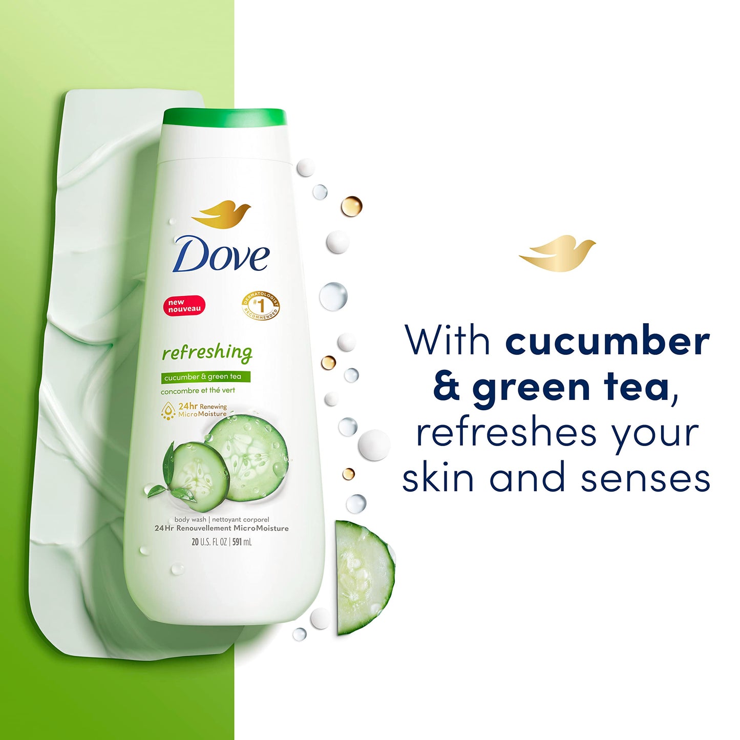 Dove Body Wash Refreshing Cucumber and Green Tea Refreshes Skin Cleanser That Effectively Washes Away Bacteria While Nourishing Your Skin 20 oz (Pack of 4)