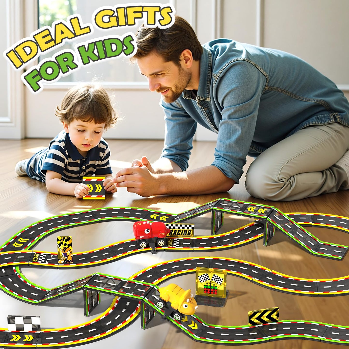 Dinosaur Magnetic Tiles with Race Track Cars