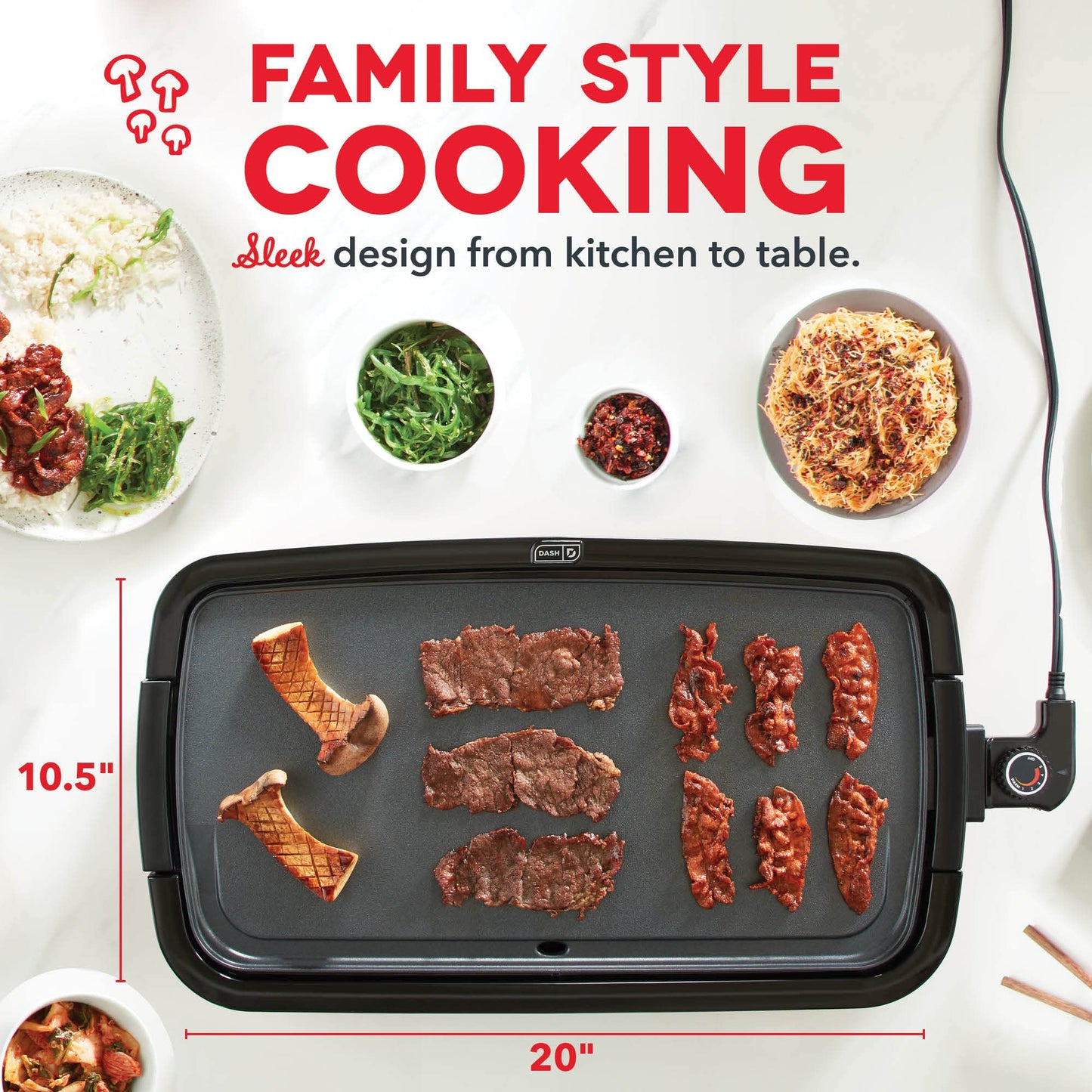 DASH Deluxe Everyday Electric Griddle with Dishwasher Safe Removable Nonstick Cooking Plate for Pancakes, Burgers, Eggs and more, Includes Drip Tray + Recipe Book, 20” x 10.5”, 1500-Watt - Grey