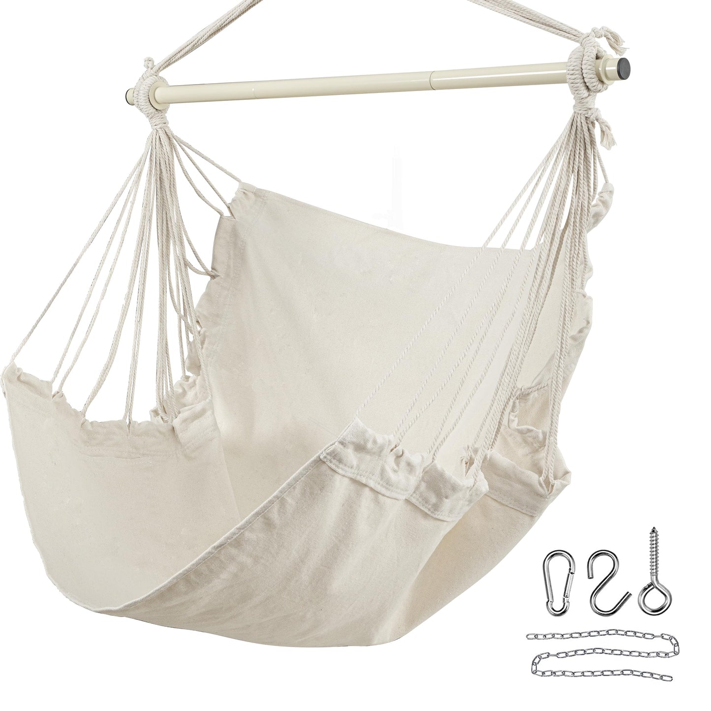 HBlife Hammock Chair Max 350 LBS Hanging Chair with Portable Metal Rod Cotton Rope Hammock Swing for Bedroom, Beige
