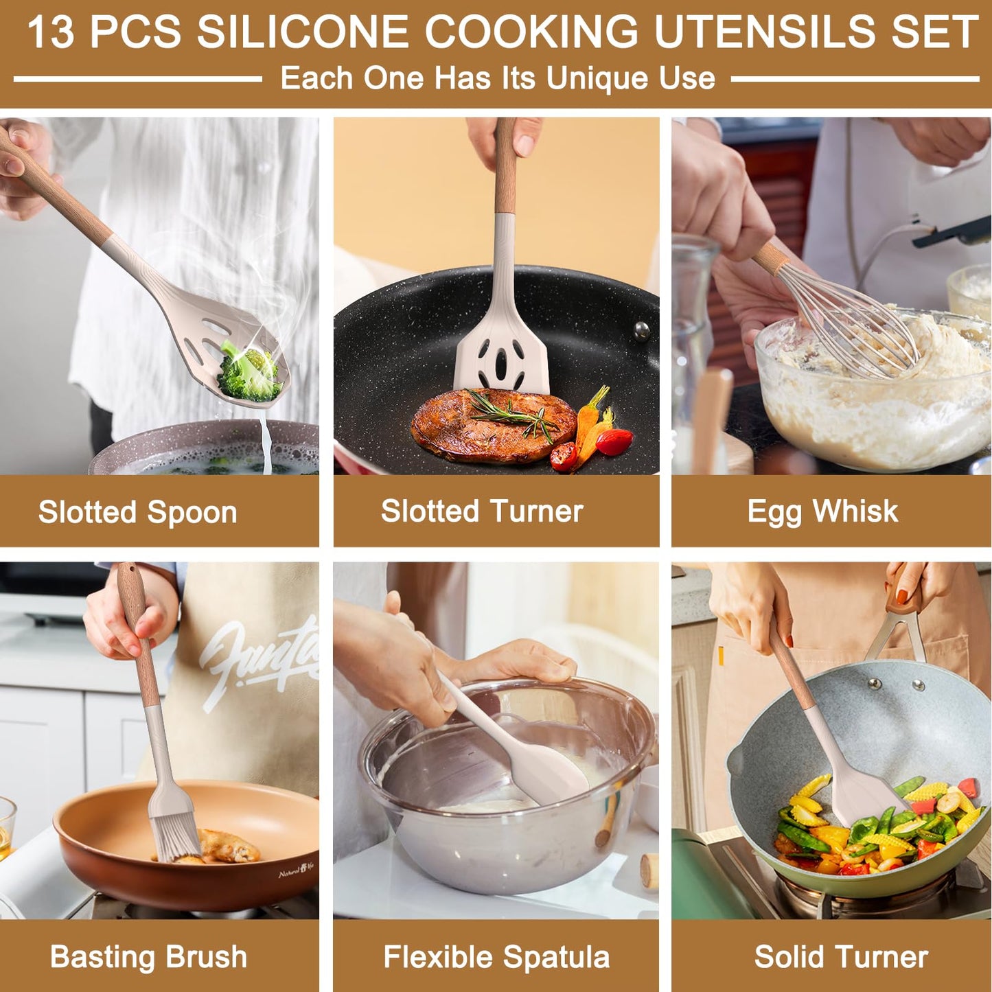 Kitchen Utensils Set- 13 Pcs Cooking Utensils with Tongs, Spoon Spatula &Turner Made of Heat Resistant Food Grade Silicone and Wooden Handles Kitchen Gadgets Tools Set for Nonstick Cookware (Khaki)