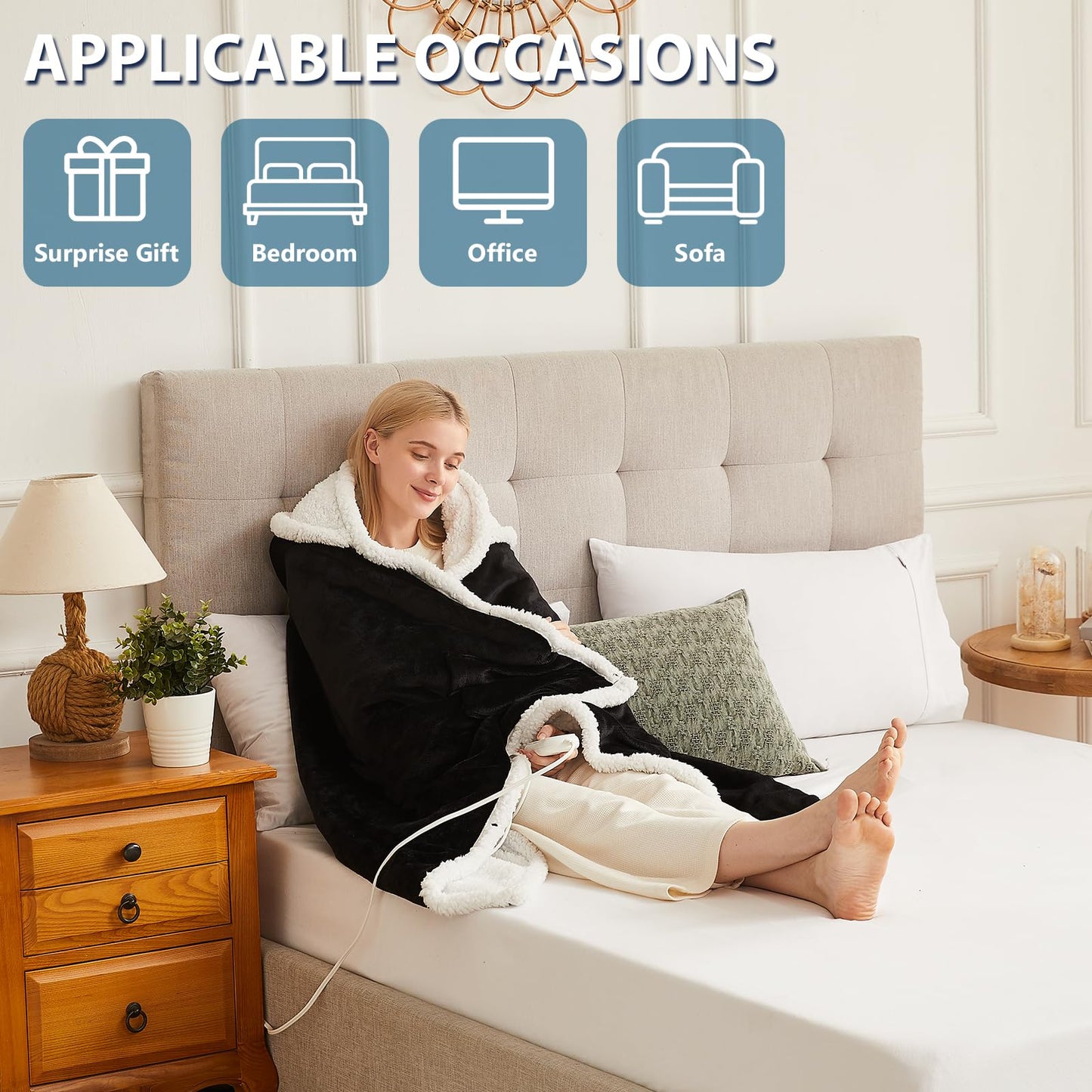 PLOATH Heated Electric Blanket Shawl: Heating Blanket Heated Throw Blanket Heated Poncho - Wearable Blanket Hoodie Wrap Sherpa with 10 Heating Levels & Multi Heating Time Settings (40x70'' Black)