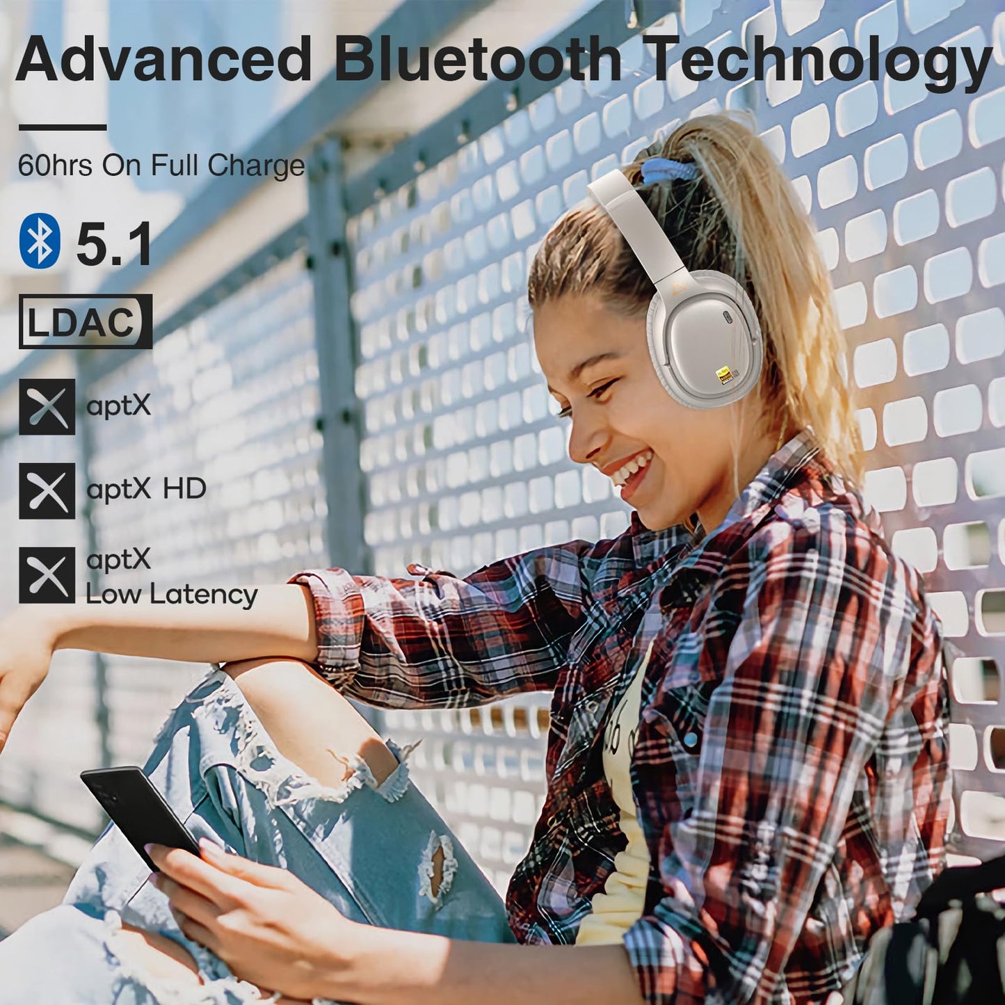Ankbit E700 LDAC Wireless Headphones with Hybrid Active Noise Cancelling, Bluetooth 5.1 Headphones for Hi-Res Wireless Audio, aptX HD & Low Latency Over Ear Headphones, Clear Calls, 60H Playtime