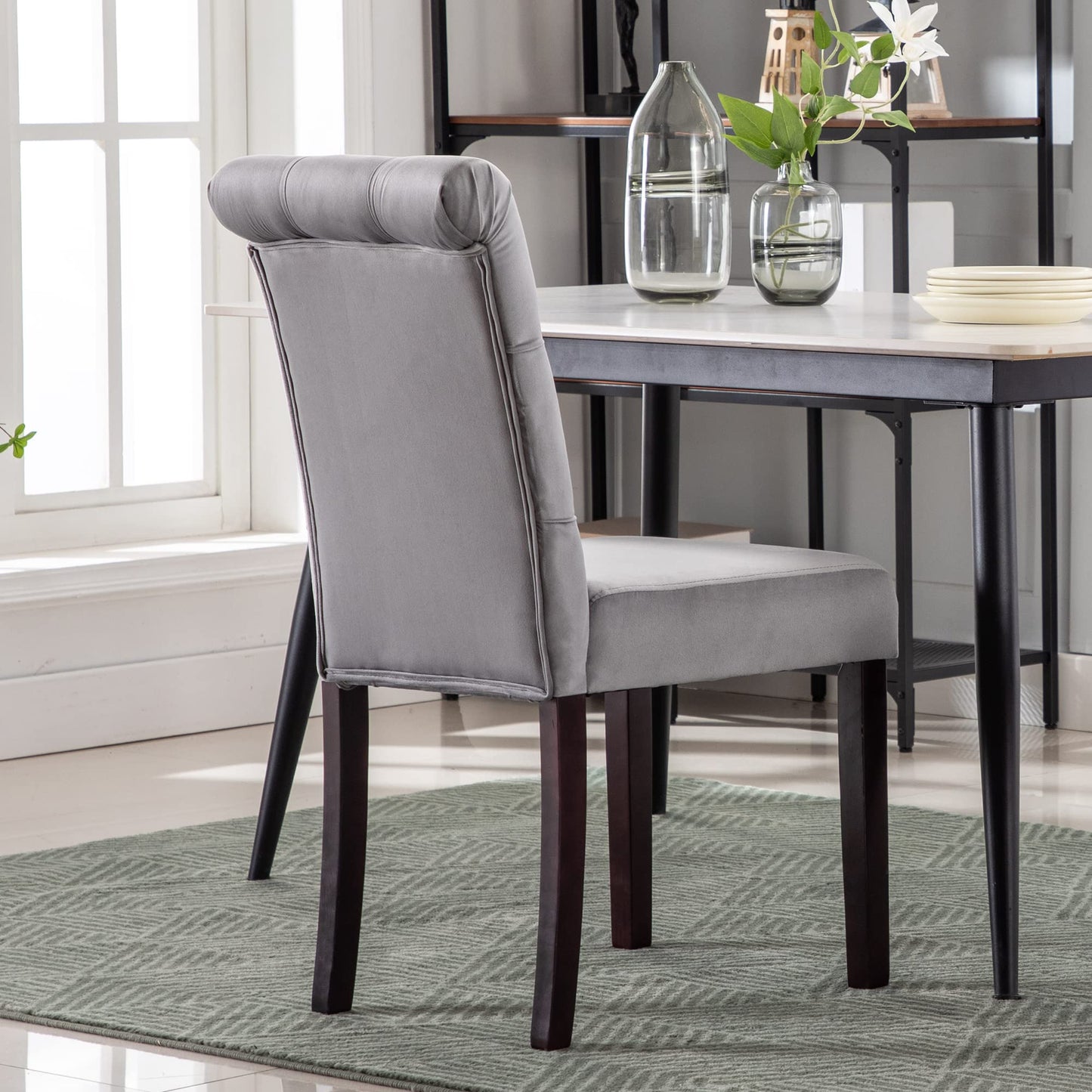 chairus Dining Chairs Set of 2 Mid Century Modern Living Room Chairs with Button Tufted High Back Velvet Armless Chair Comfy Upholstered Side Chairs for Kitchen/Restaurant/Bedroom, Grey