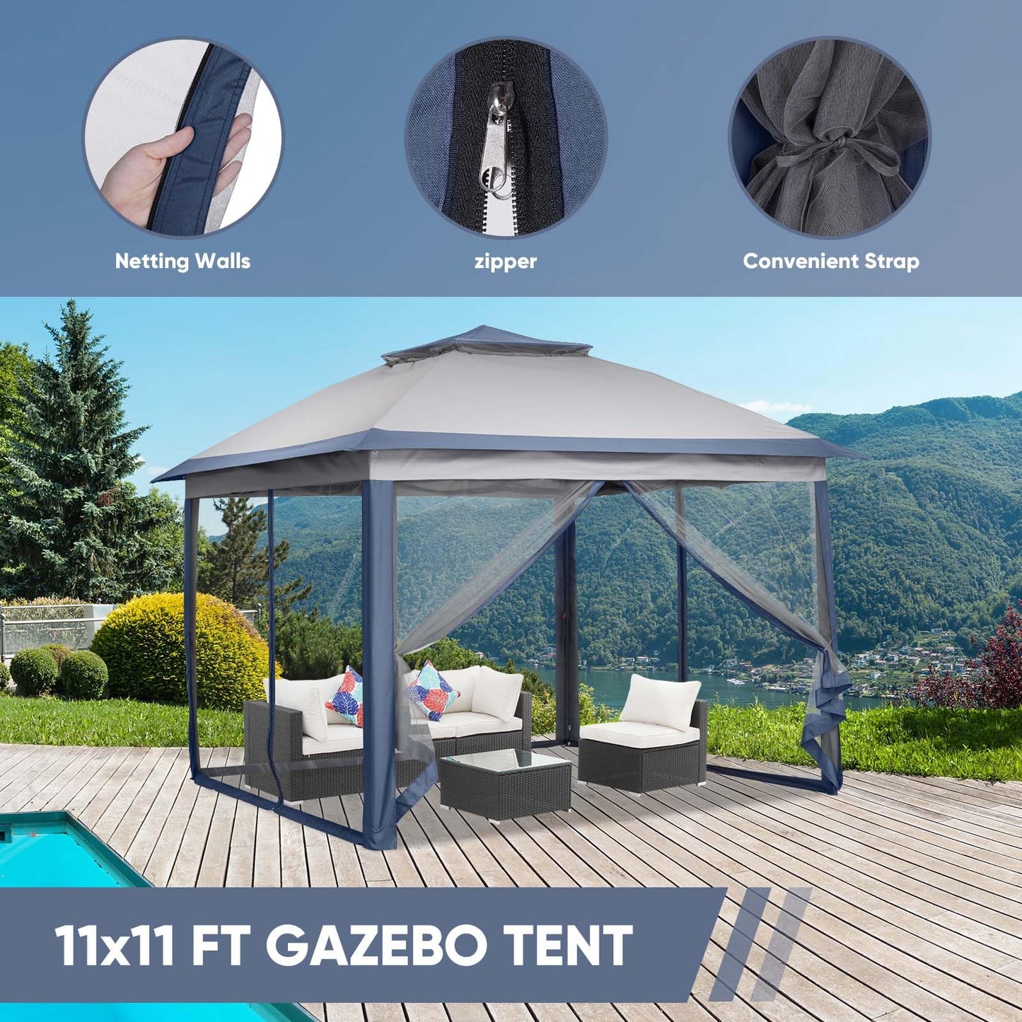 Wonlink 11x11 FT Adjustable Gazebo Tent with Netting