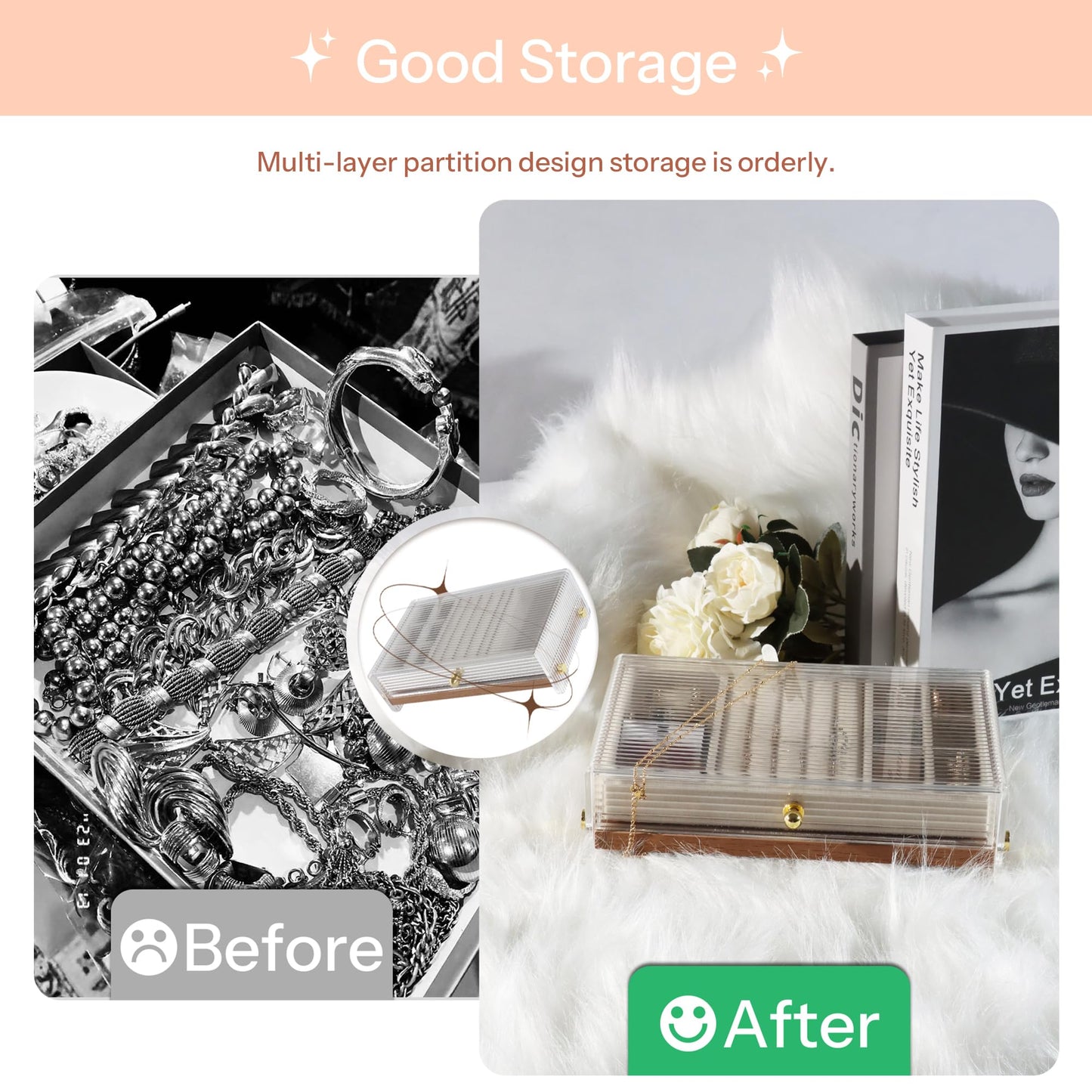 Acrylic Jewelry Box with Wood Dividers & Drawers