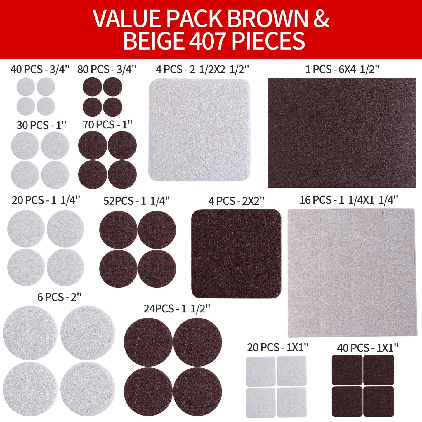 Felt Furniture Pads for Hardwoods Floors, 407 PCS Self Adhesive Felt Pads for Chairs, Cuttable Anti-Scratch Furniture Feet Floor Protectors for Chair Sofa Bed Table Cabinet (Brown & Beige)