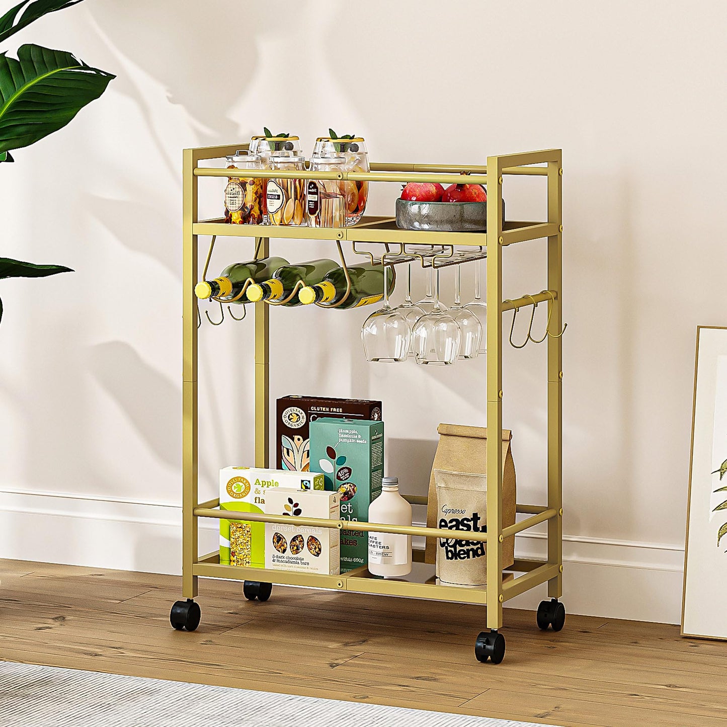 Gold Rolling Beverage Cart with Mirrored Shelves