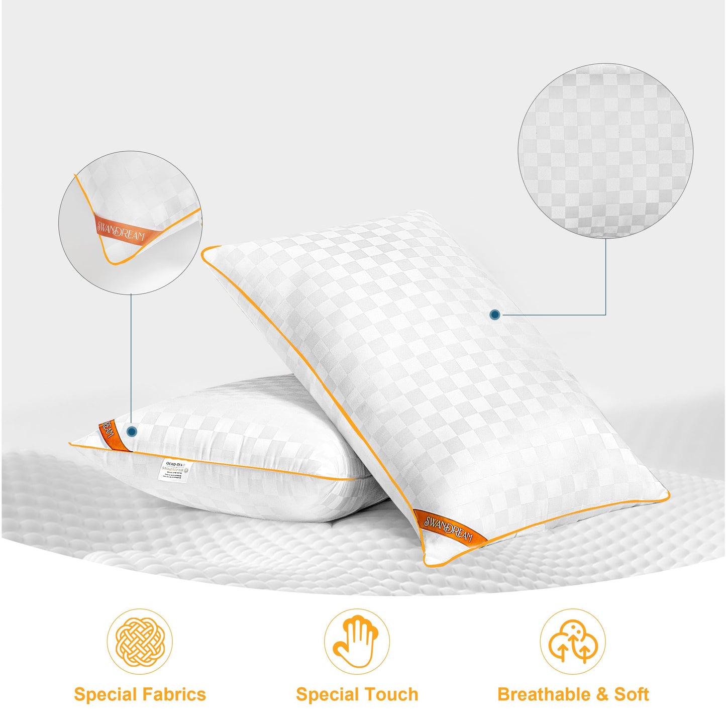 Swandream Queen Pillows Size Set of 2, Soft and Skin Friendly Down Alternative Pillow for Sleeping, Breathable Pillow for Back, Stomach or Side Sleepers, Orange, 20 * 28 Inches