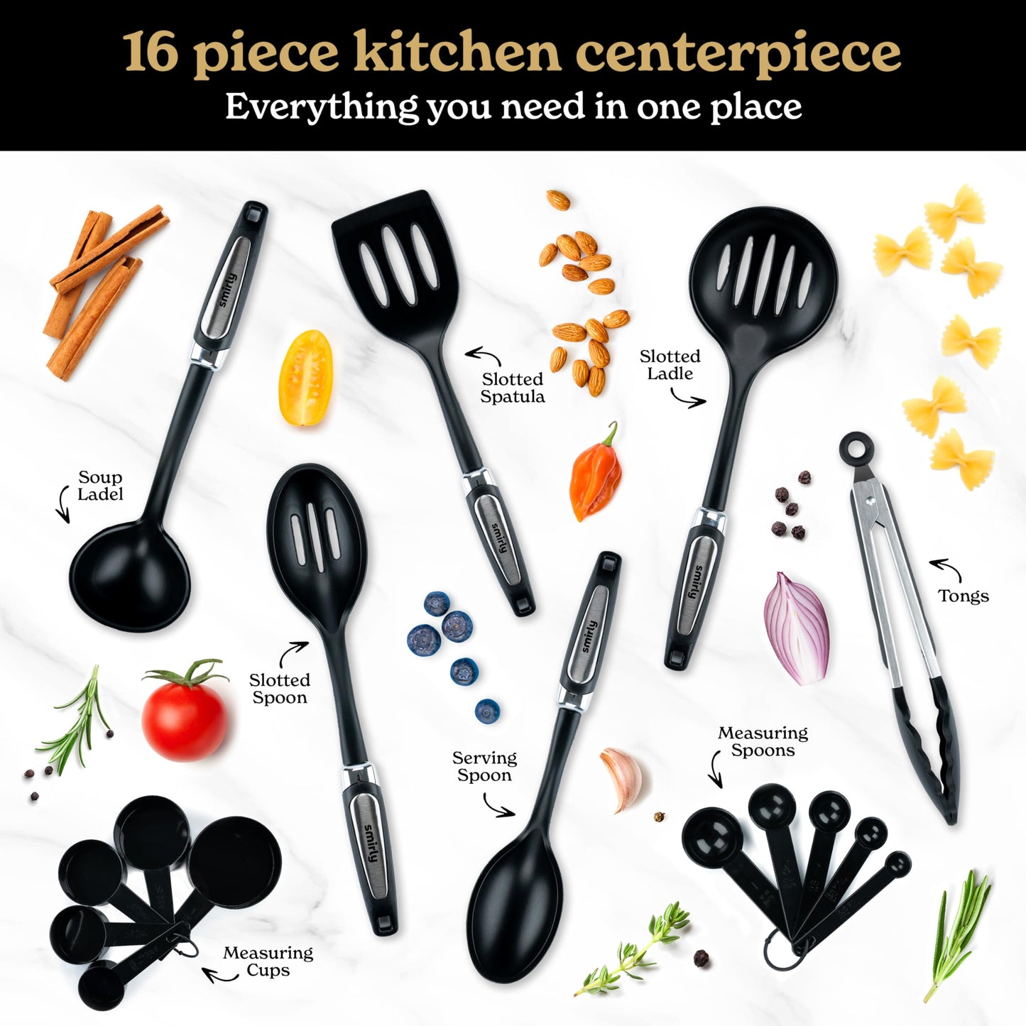 Smirly Silicone Kitchen Utensils Set: Silicone Cooking Utensils Set for Nonstick Cookware, Kitchen Tools Set, Silicone Utensils for Cooking Set (16 Piece Set)
