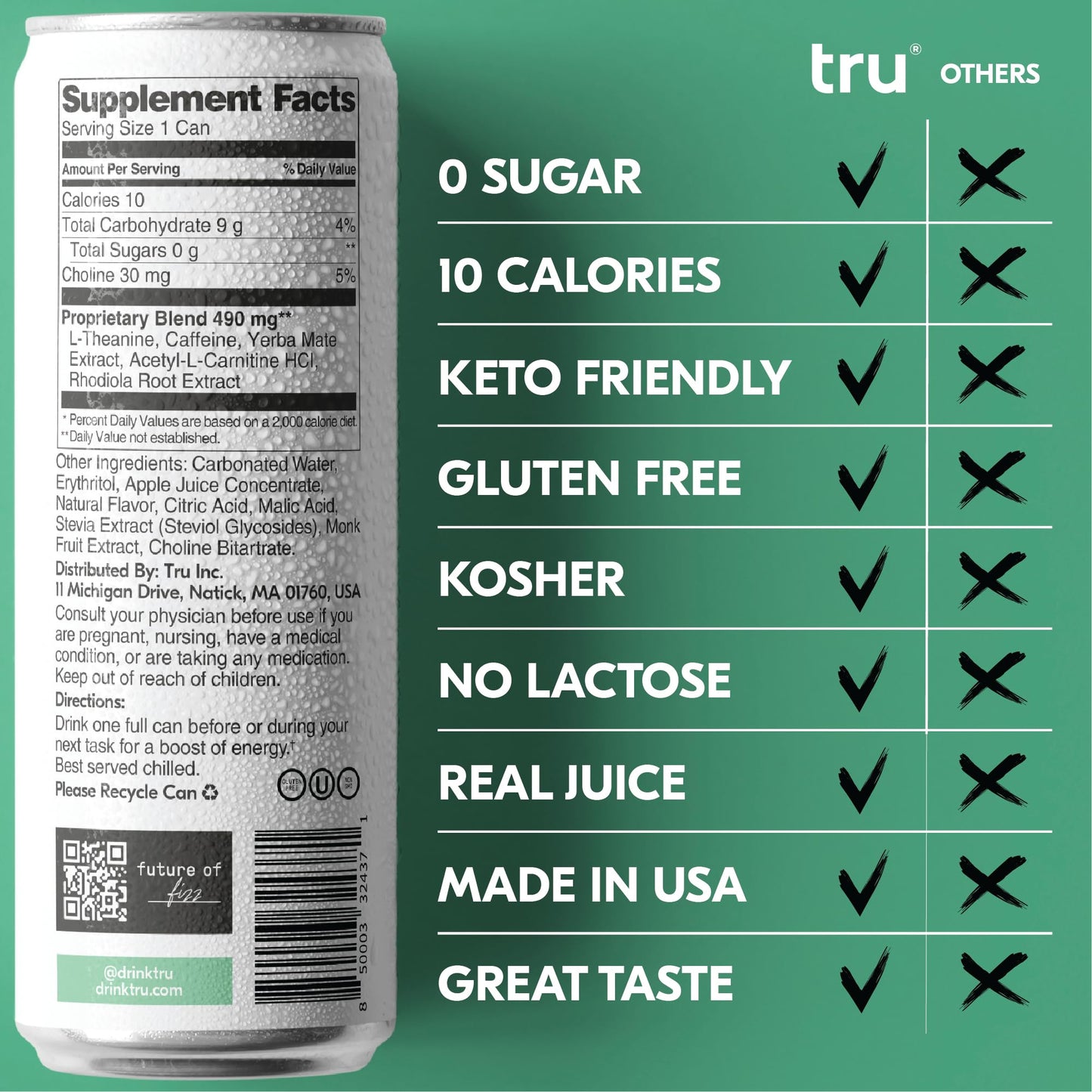 Tru Focus Seltzer, Adaptogen Nootropic Drinks with Yerba Mate, Apple Fruit Juice Flavored Sparkling Water, 100 mg Natural Caffeine, Kosher, Gluten Free, Vegan, Low Calories, No Sugar Added Beverages, 12oz (Pack of 12)